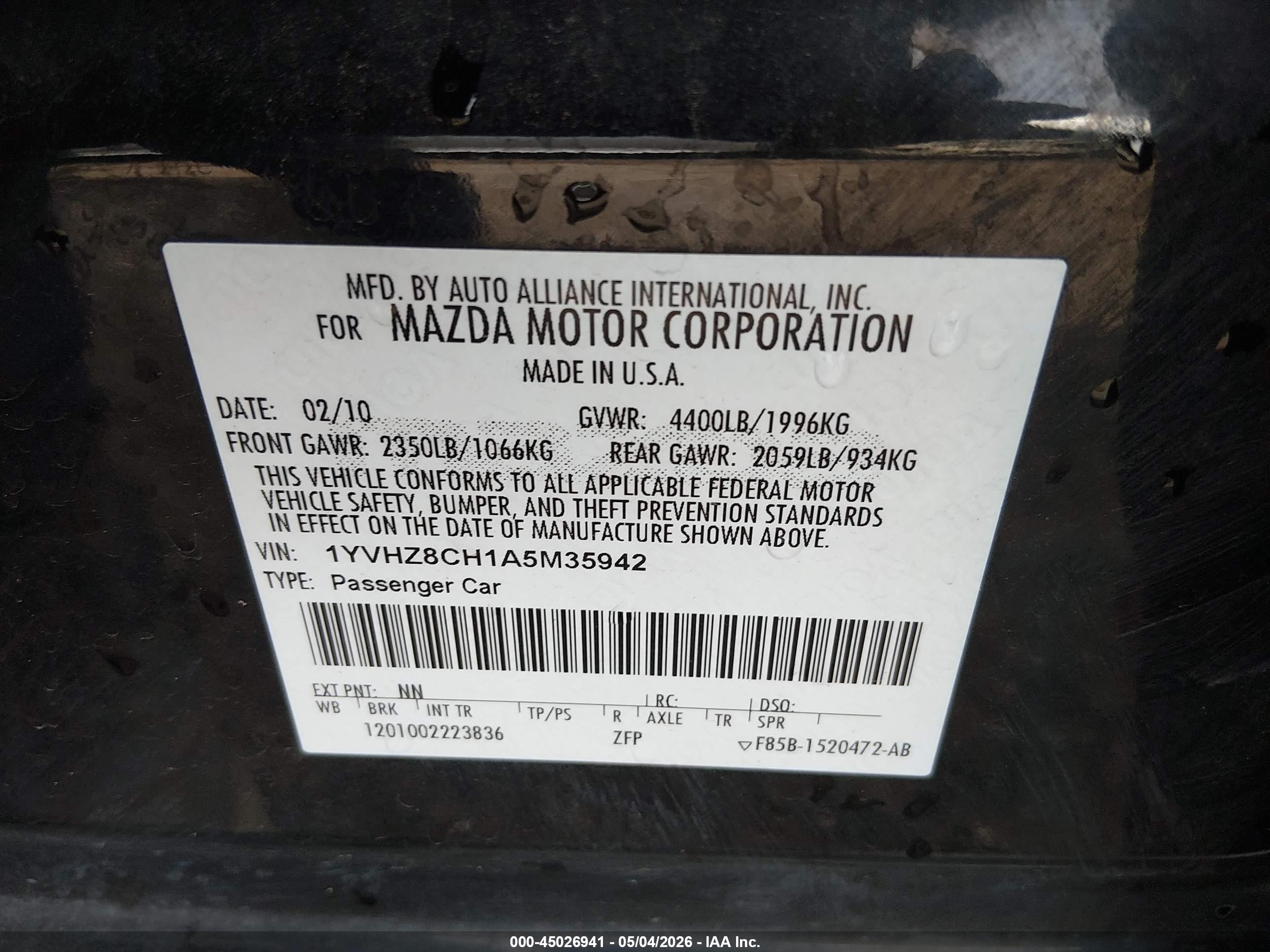 2010 Mazda Mazda6 I Touring Черный vin: 1YVHZ8CH1A5M35942