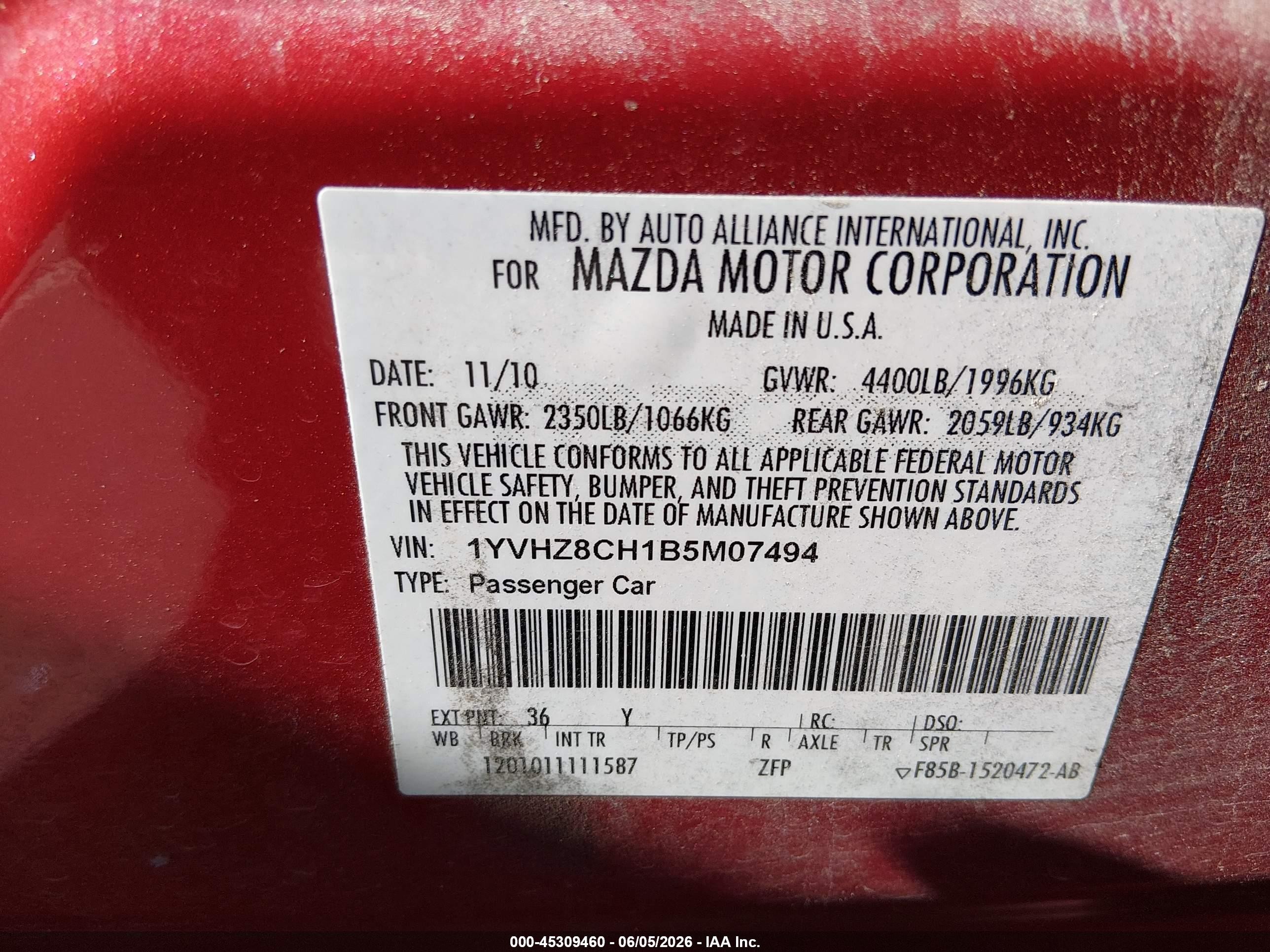 2011 Mazda Mazda6 I Touring Plus Red vin: 1YVHZ8CH1B5M07494