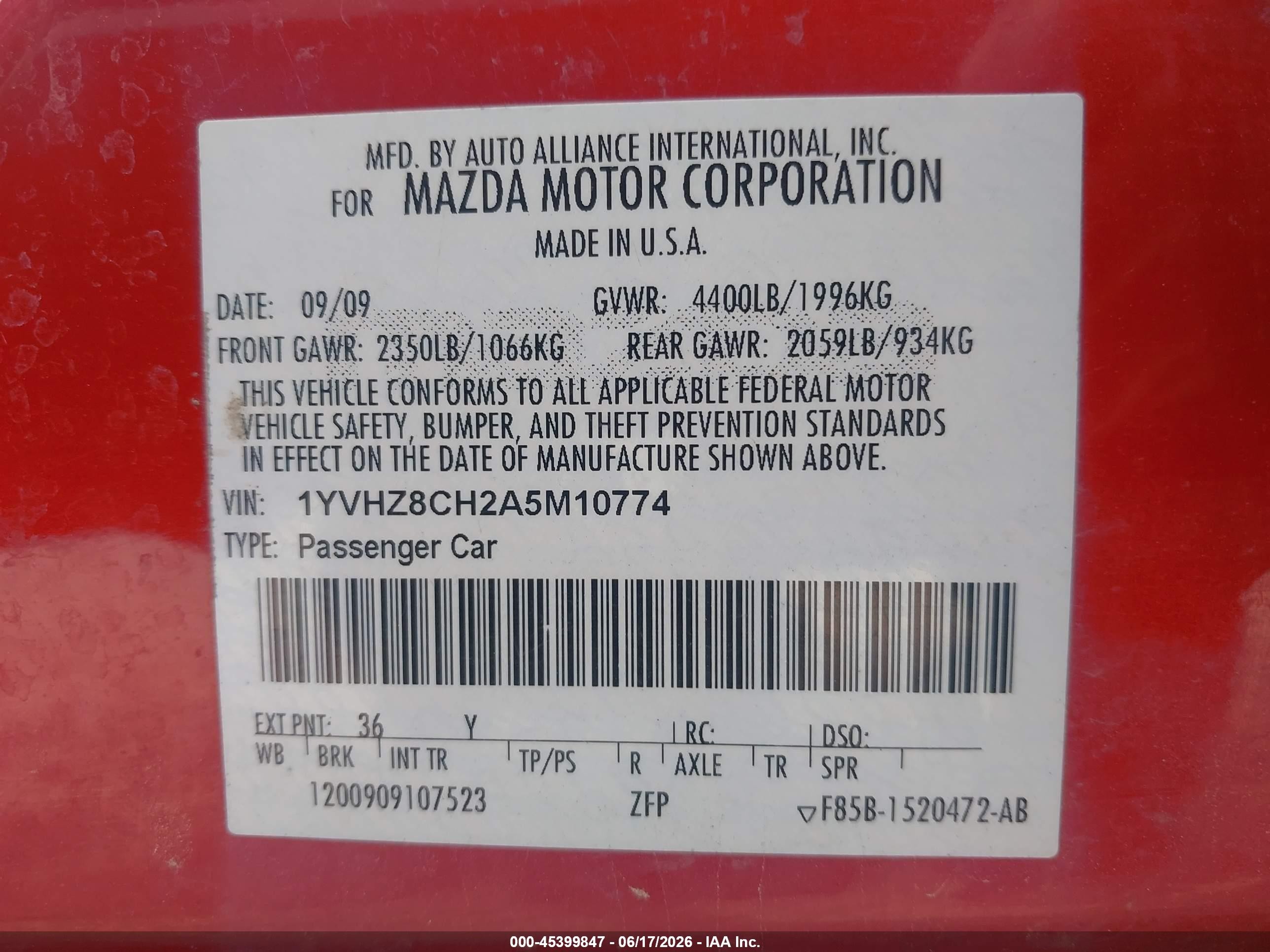 2010 Mazda Mazda6 I Touring Red vin: 1YVHZ8CH2A5M10774