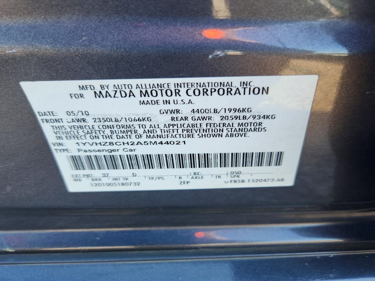 2010 Mazda 6 4d I Угольный vin: 1YVHZ8CH2A5M44021