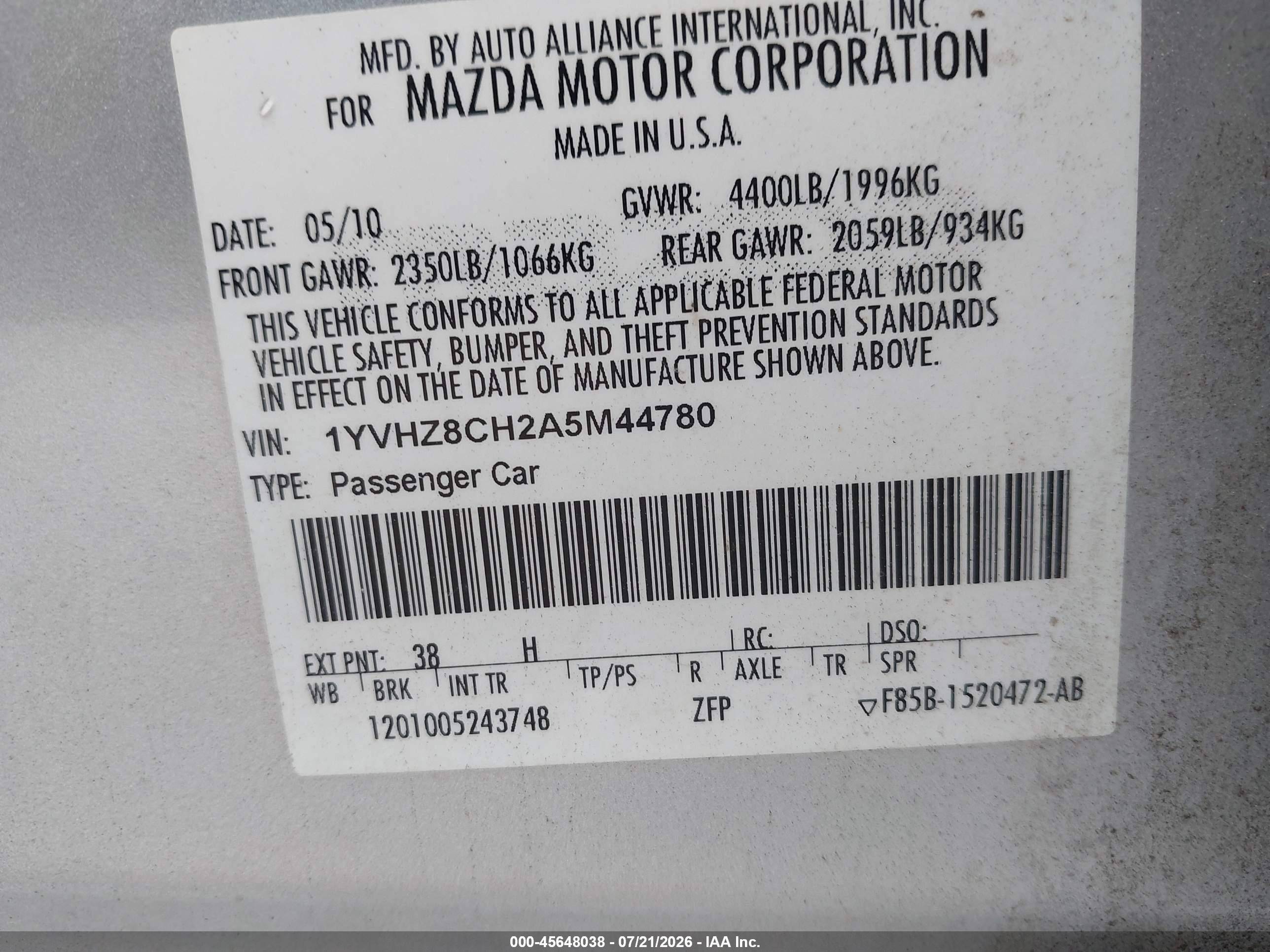 2010 Mazda Mazda6 I Touring Silver vin: 1YVHZ8CH2A5M44780