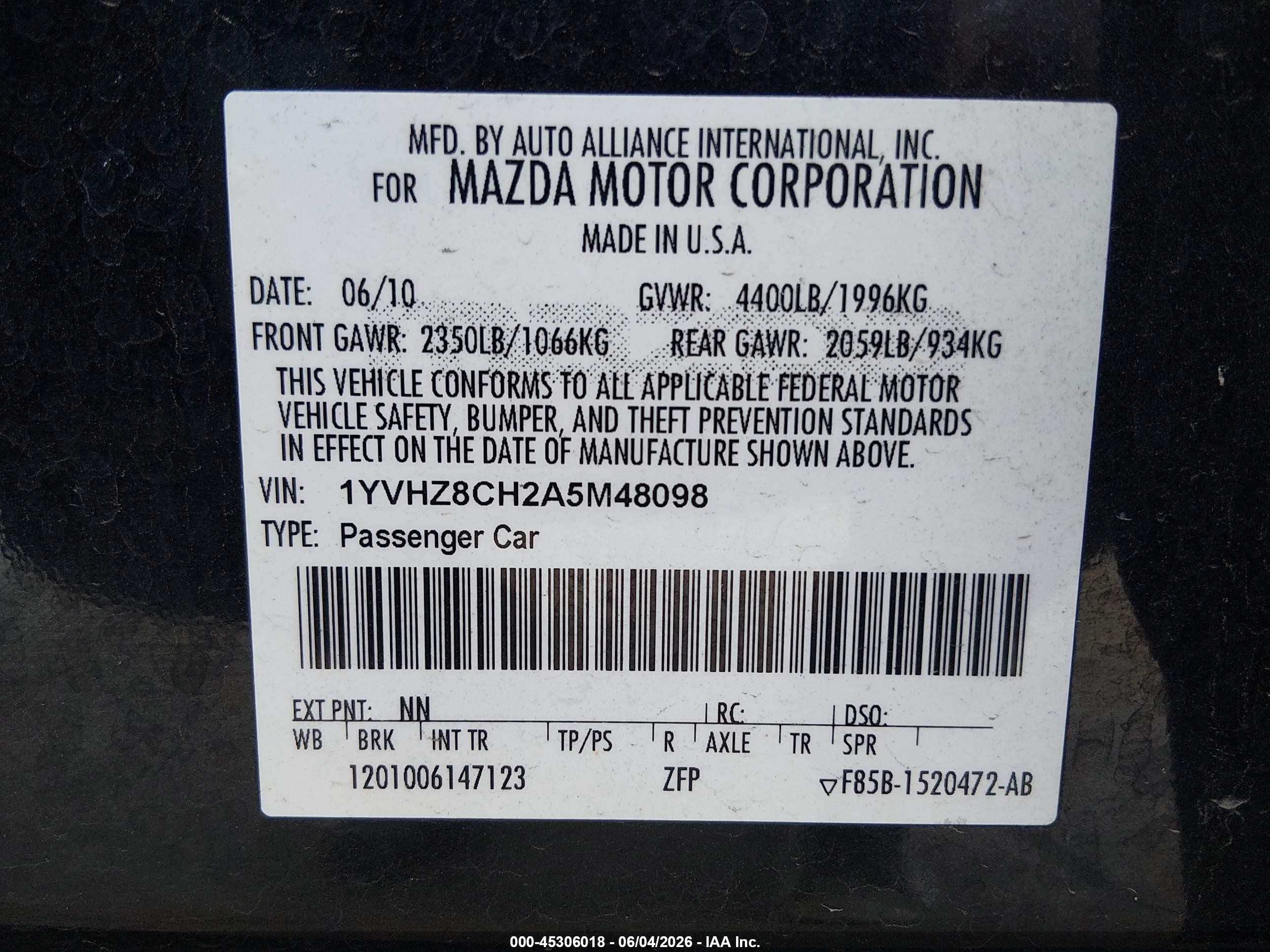 2010 Mazda Mazda6 I Grand Touring Black vin: 1YVHZ8CH2A5M48098