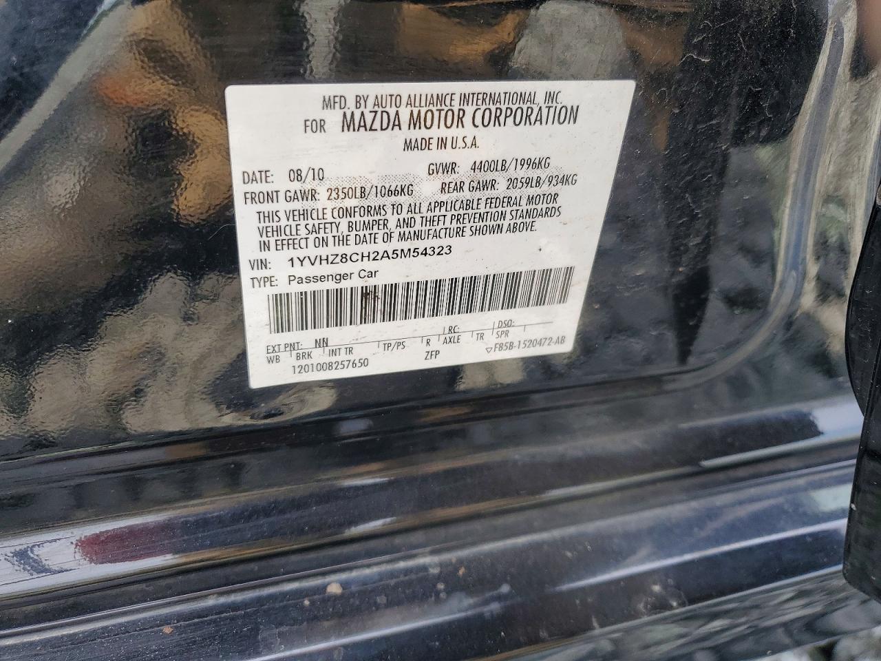 2010 Mazda 6 I Black vin: 1YVHZ8CH2A5M54323