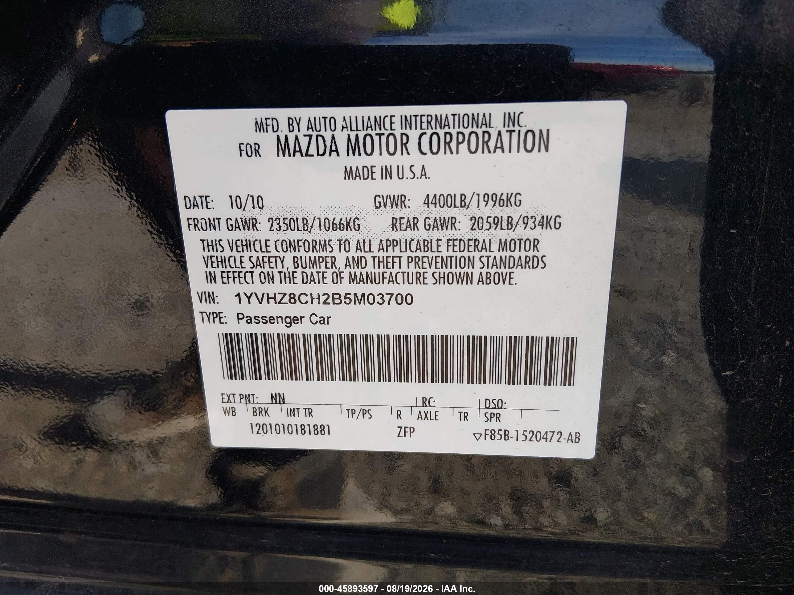 2011 Mazda Mazda6 I Touring Black vin: 1YVHZ8CH2B5M03700