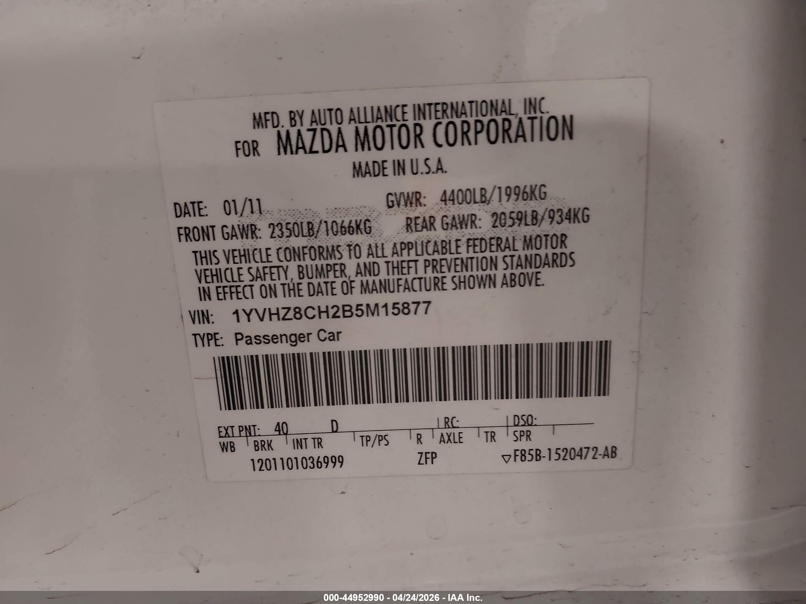 2011 Mazda Mazda6 I Touring White vin: 1YVHZ8CH2B5M15877