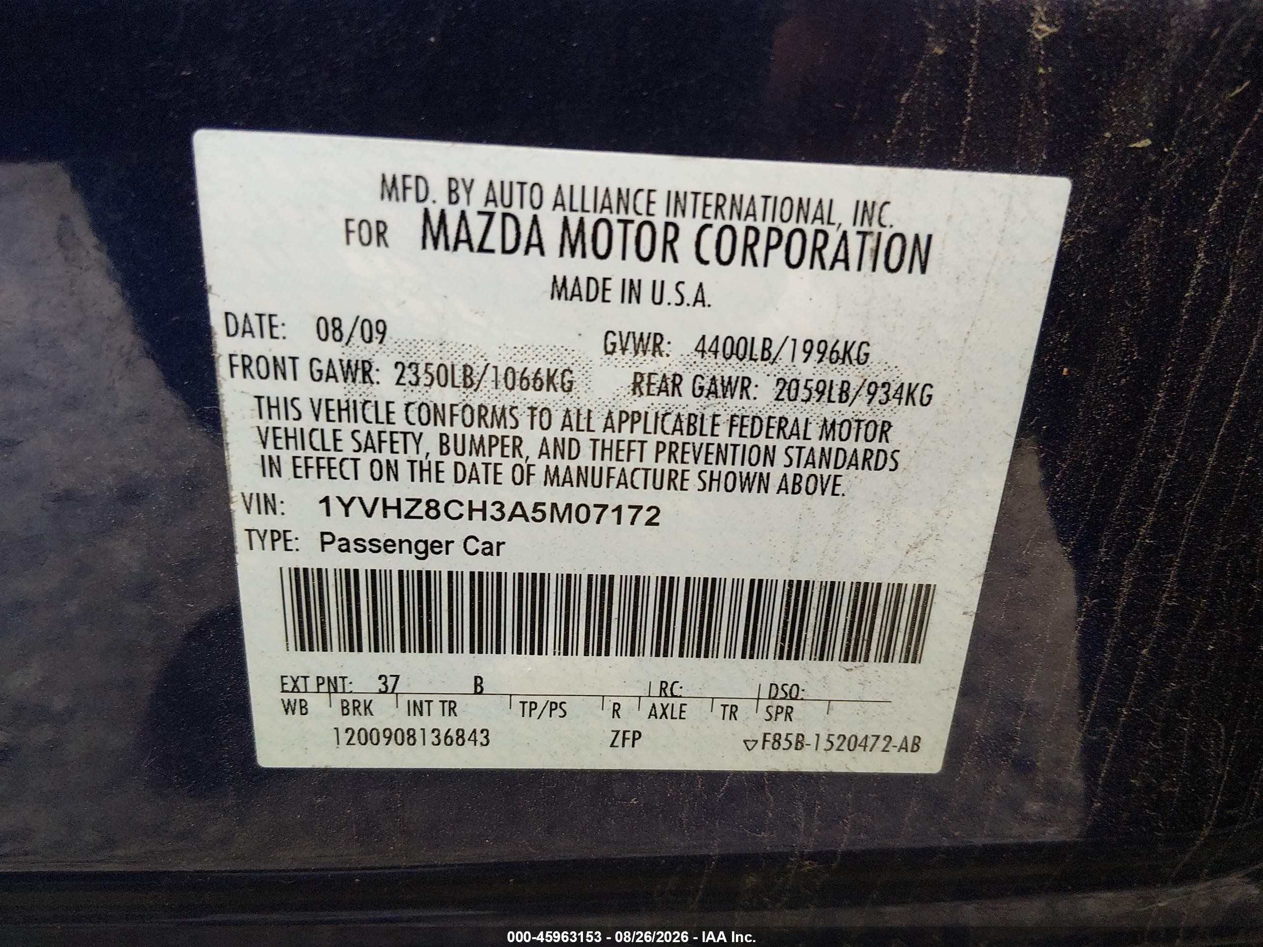 2010 Mazda Mazda6 I Touring Blue vin: 1YVHZ8CH3A5M07172