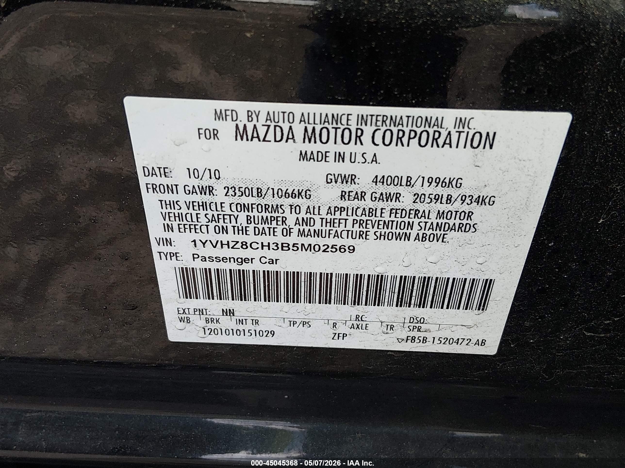 2011 Mazda Mazda6 I Touring Plus Black vin: 1YVHZ8CH3B5M02569