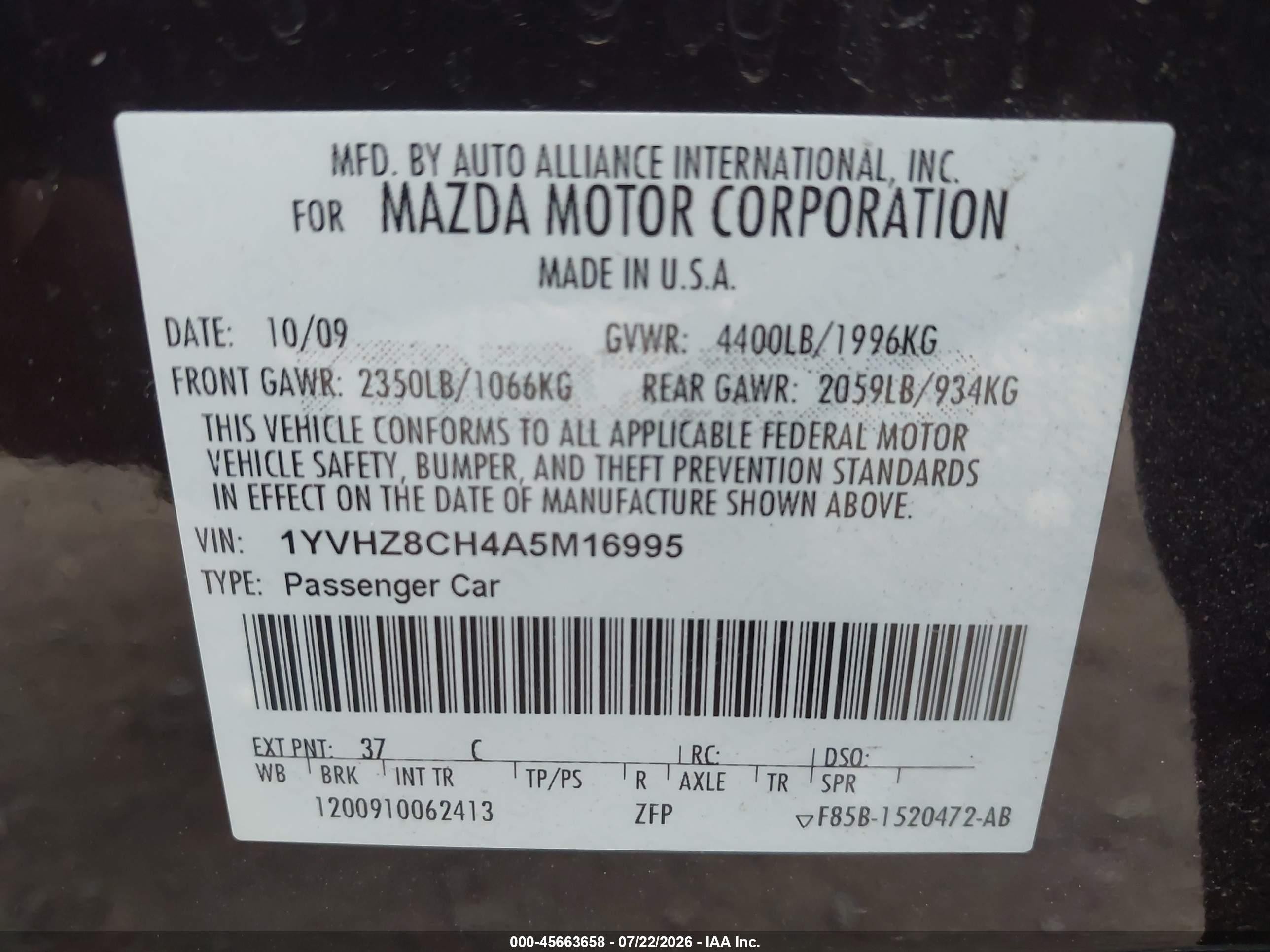 2010 Mazda Mazda6 I Touring Plus Burgundy vin: 1YVHZ8CH4A5M16995