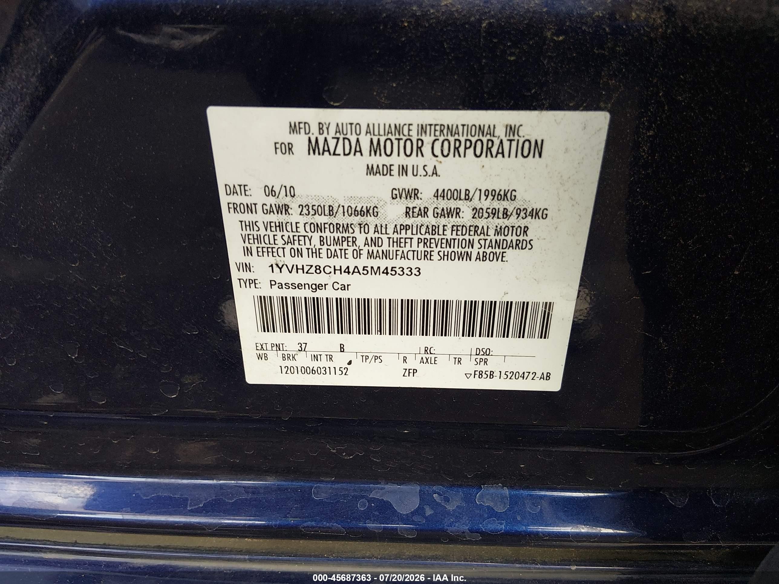 2010 Mazda Mazda6 I Touring Plus Blue vin: 1YVHZ8CH4A5M45333