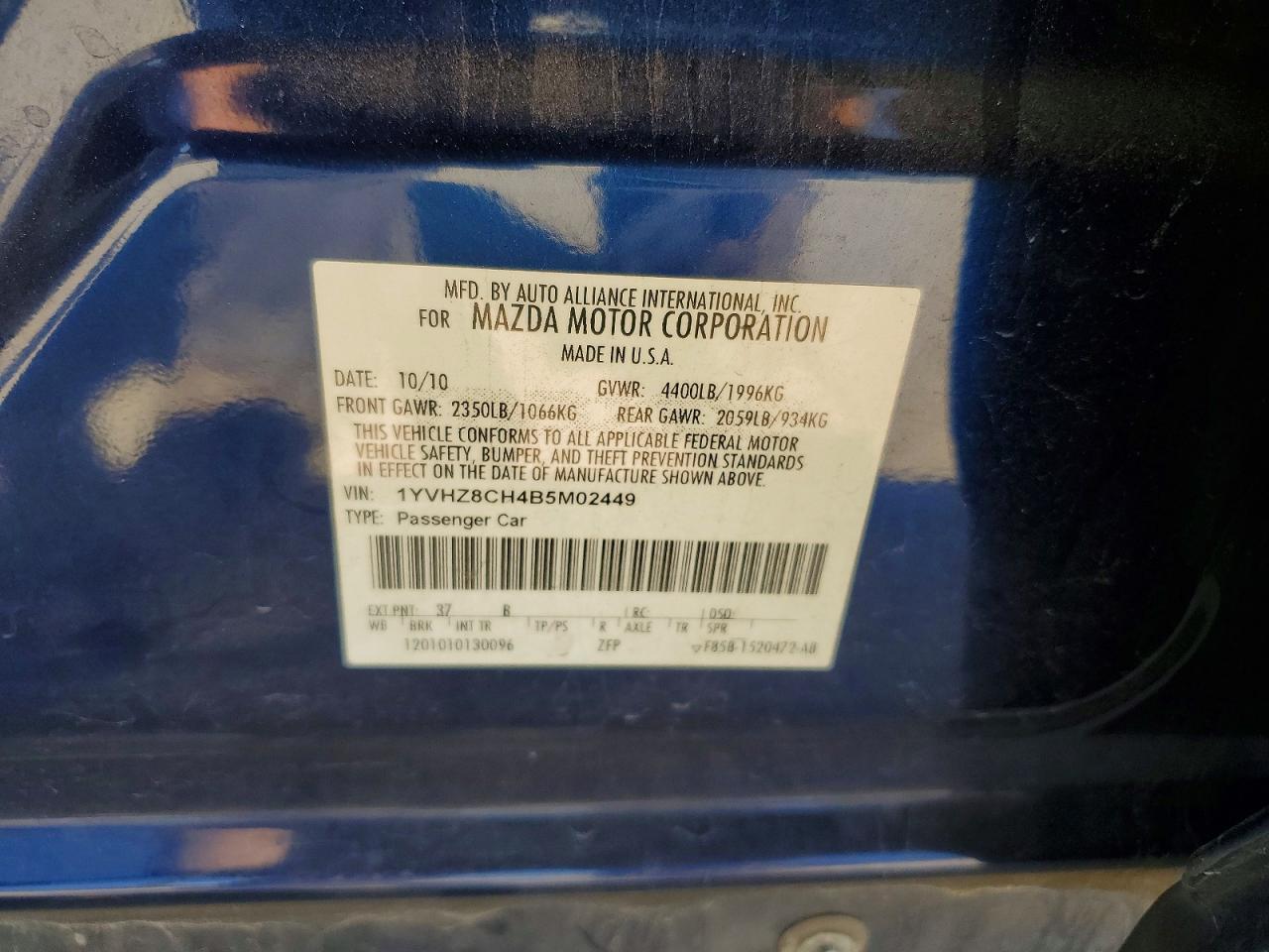 2011 Mazda 6 I Blue vin: 1YVHZ8CH4B5M02449
