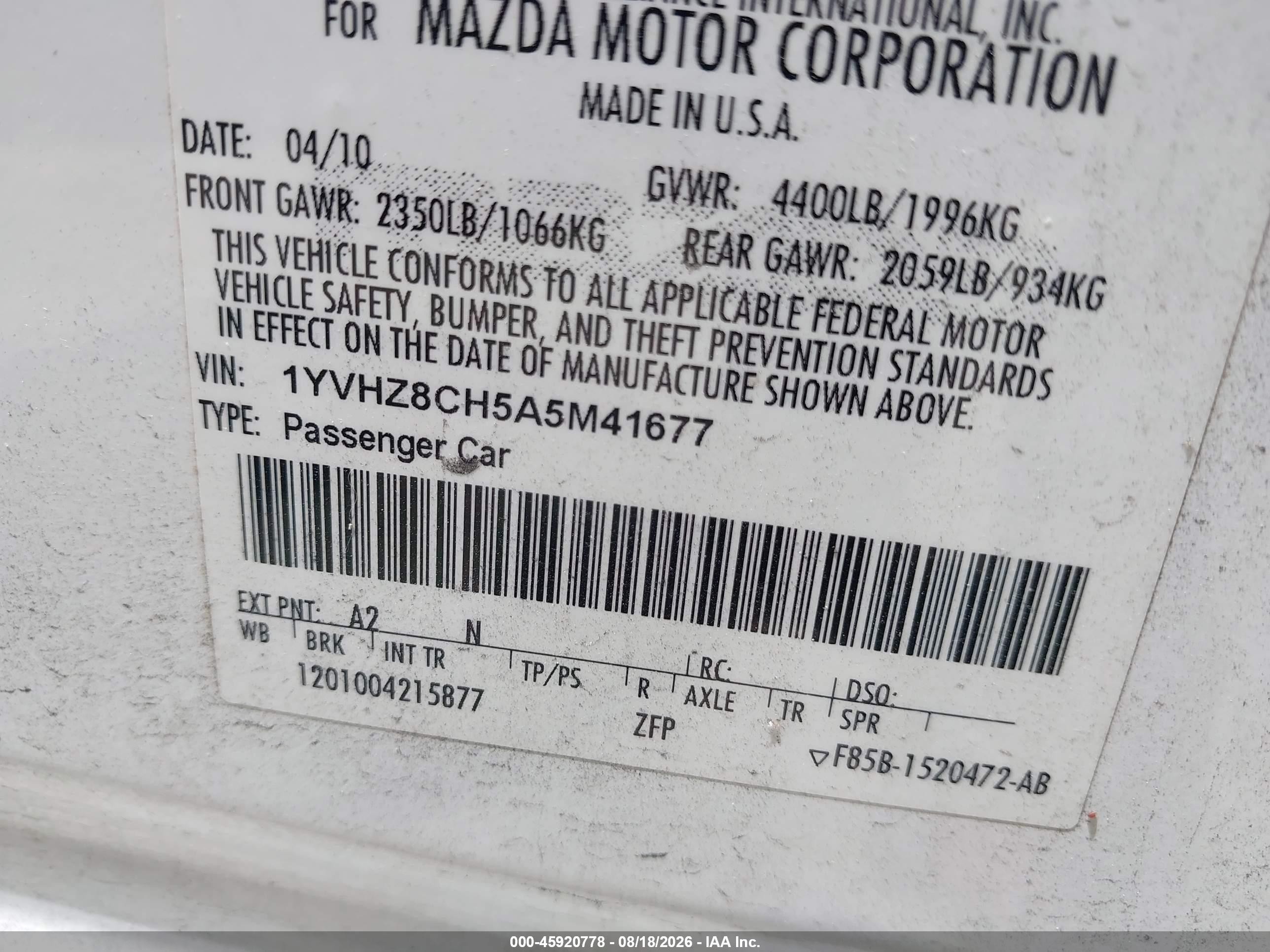 2010 Mazda Mazda6 I Touring White vin: 1YVHZ8CH5A5M41677