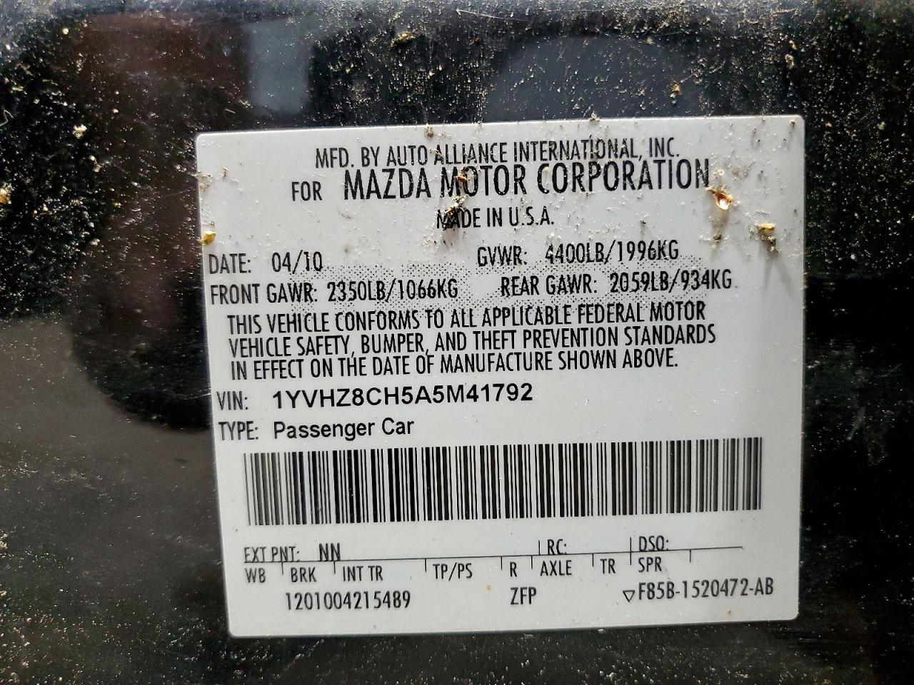 2010 Mazda 6 I Черный vin: 1YVHZ8CH5A5M41792