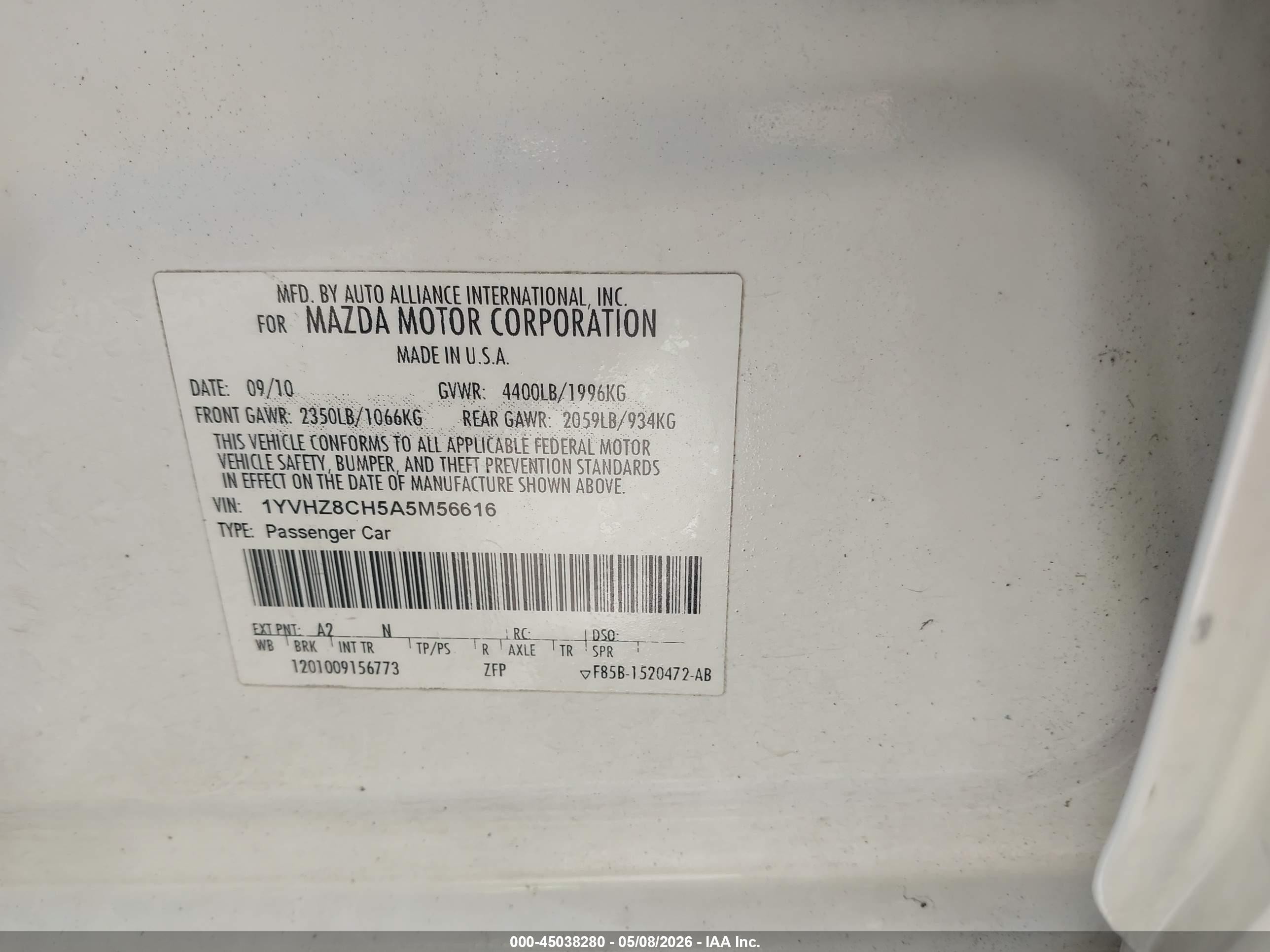 2010 Mazda Mazda6 I Touring Plus White vin: 1YVHZ8CH5A5M56616