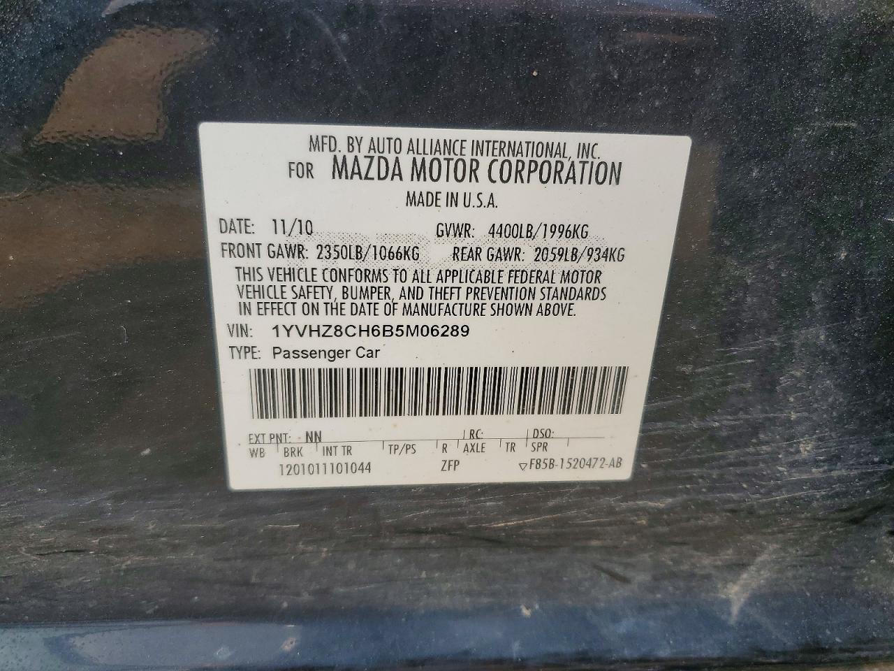 2011 Mazda 6 I Black vin: 1YVHZ8CH6B5M06289