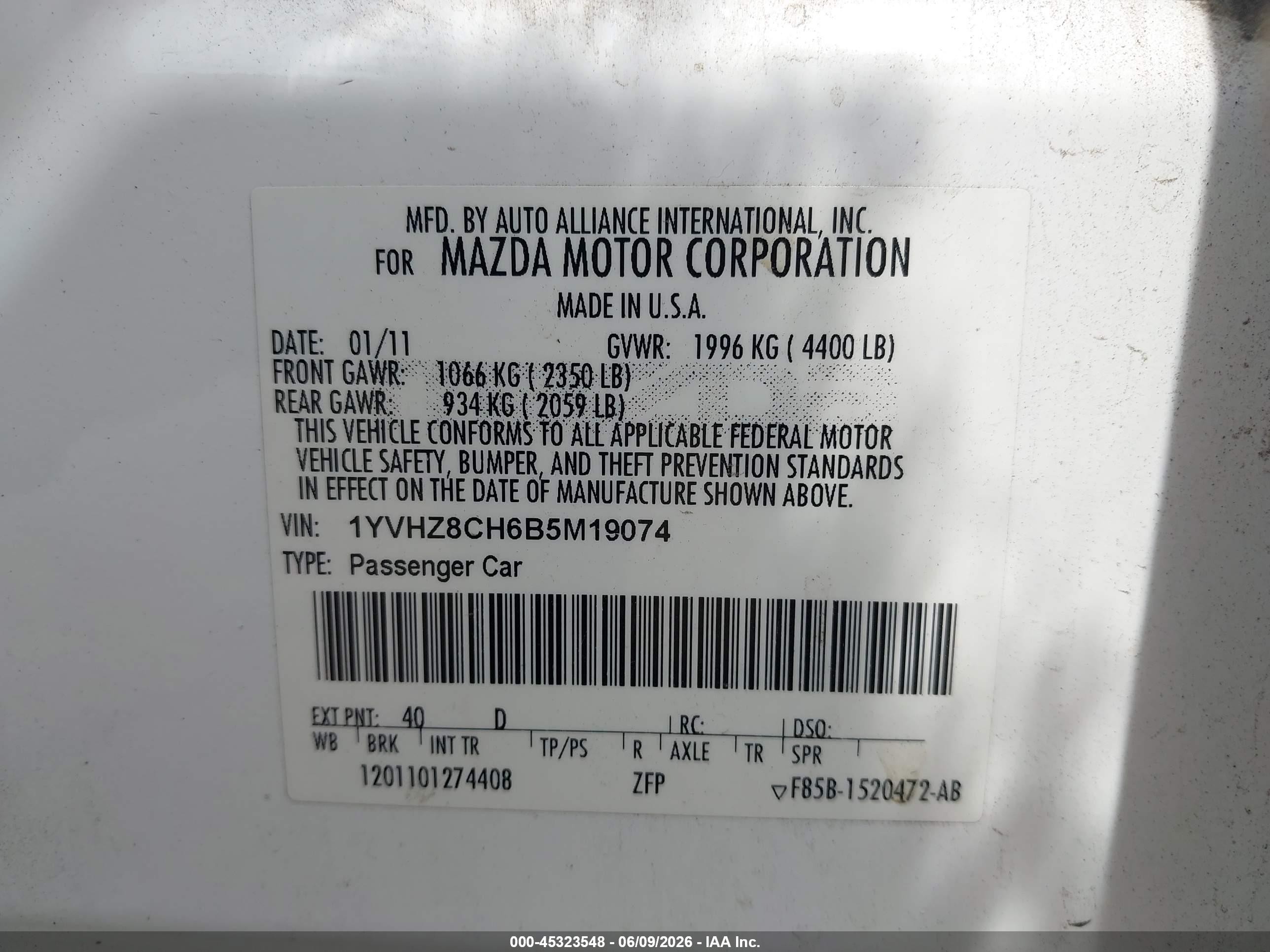 2011 Mazda Mazda6 I Touring White vin: 1YVHZ8CH6B5M19074