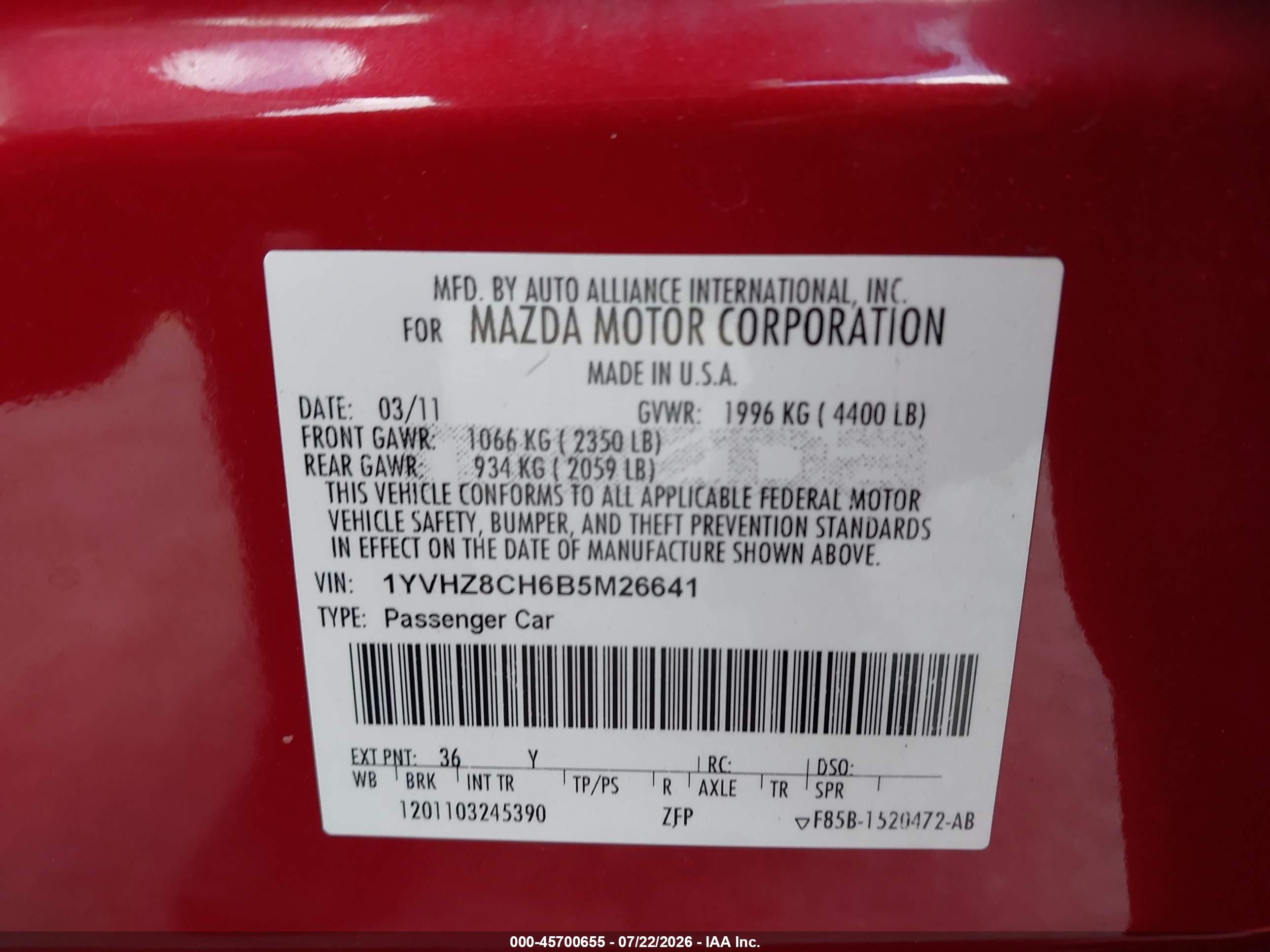2011 Mazda Mazda6 I Touring Red vin: 1YVHZ8CH6B5M26641