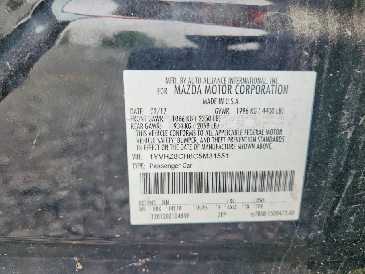 2012 Mazda 6 I Black vin: 1YVHZ8CH6C5M31551