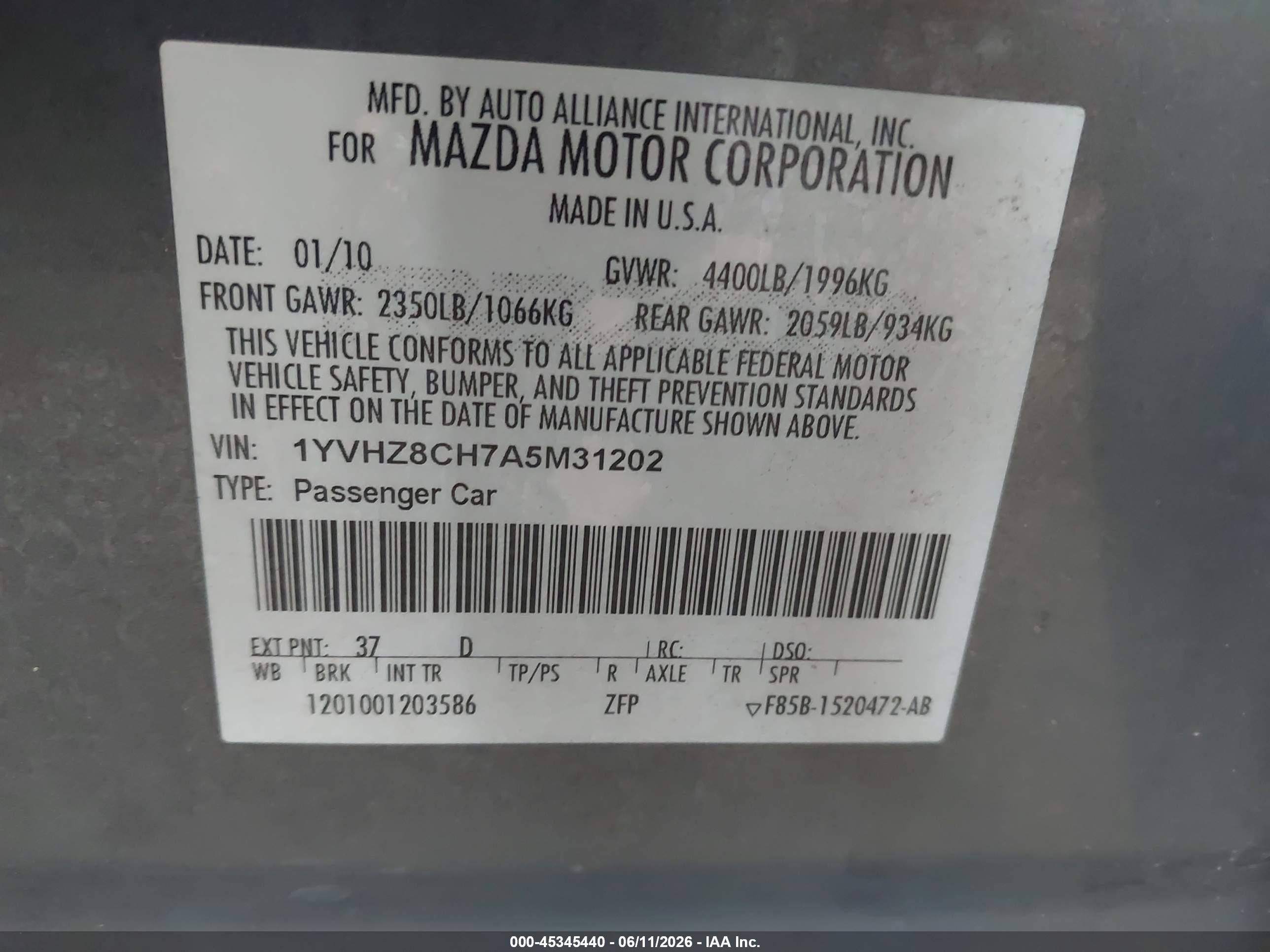 2010 Mazda Mazda6 I Touring Light Blue vin: 1YVHZ8CH7A5M31202