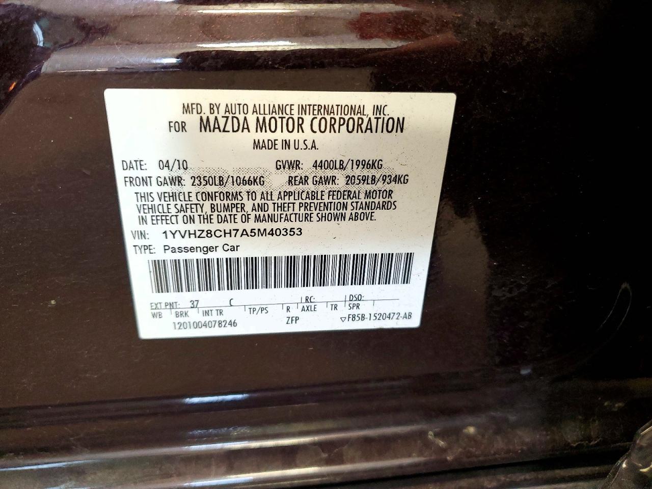 2010 Mazda 6 I Purple vin: 1YVHZ8CH7A5M40353