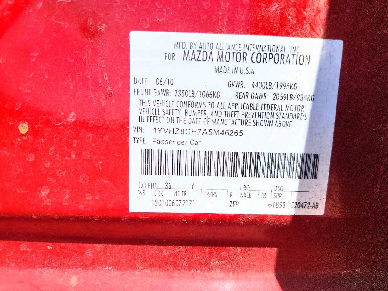 2010 Mazda 6 I Red vin: 1YVHZ8CH7A5M46265