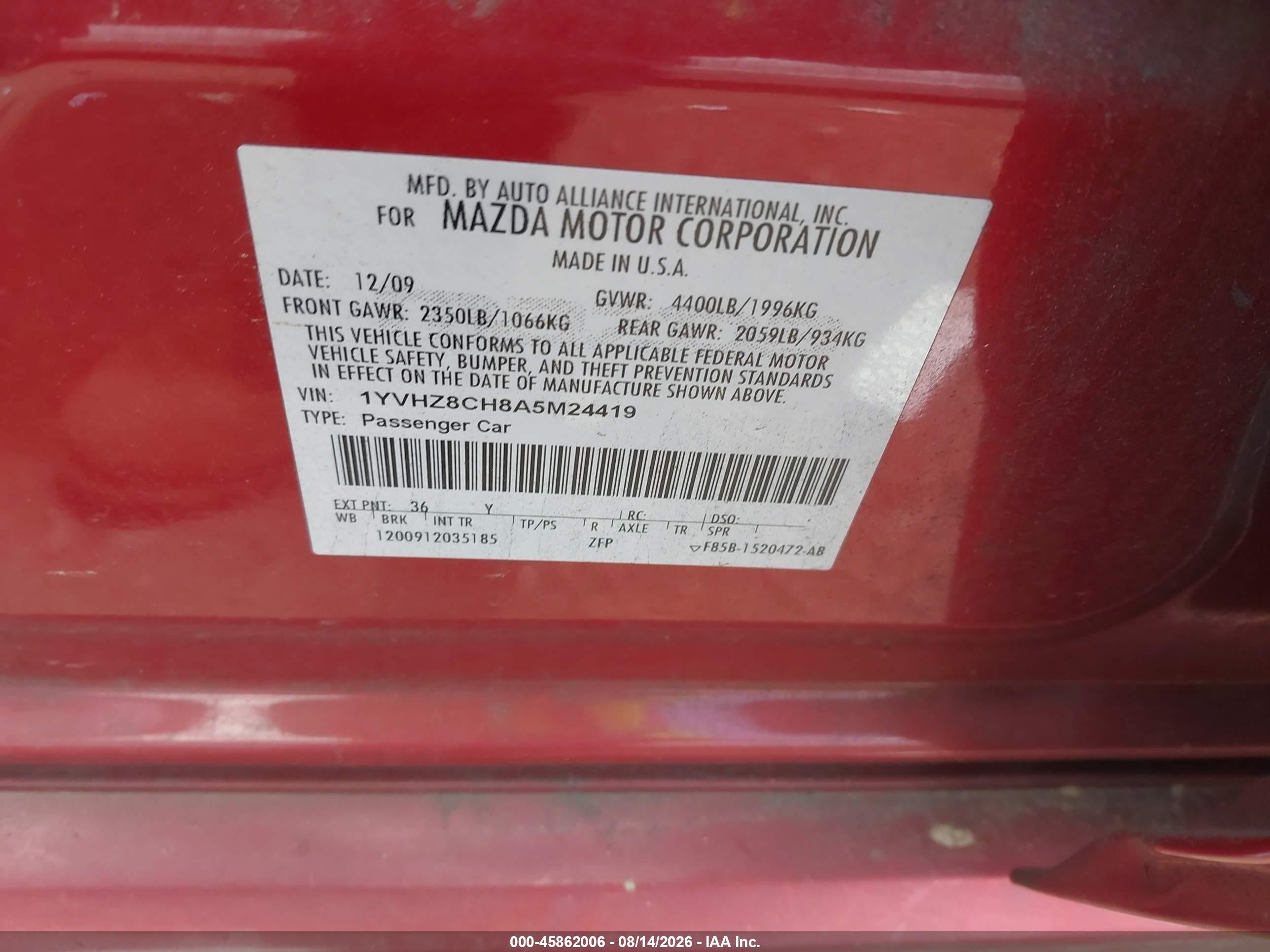 2010 Mazda Mazda6 I Grand Touring Красный vin: 1YVHZ8CH8A5M24419