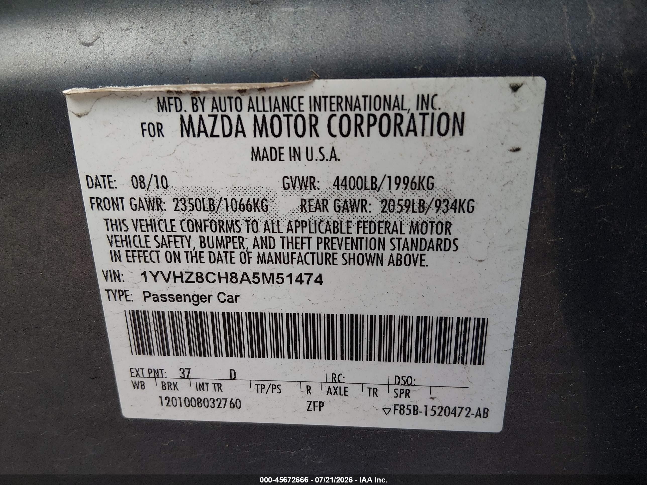 2010 Mazda Mazda6 I Touring Blue vin: 1YVHZ8CH8A5M51474