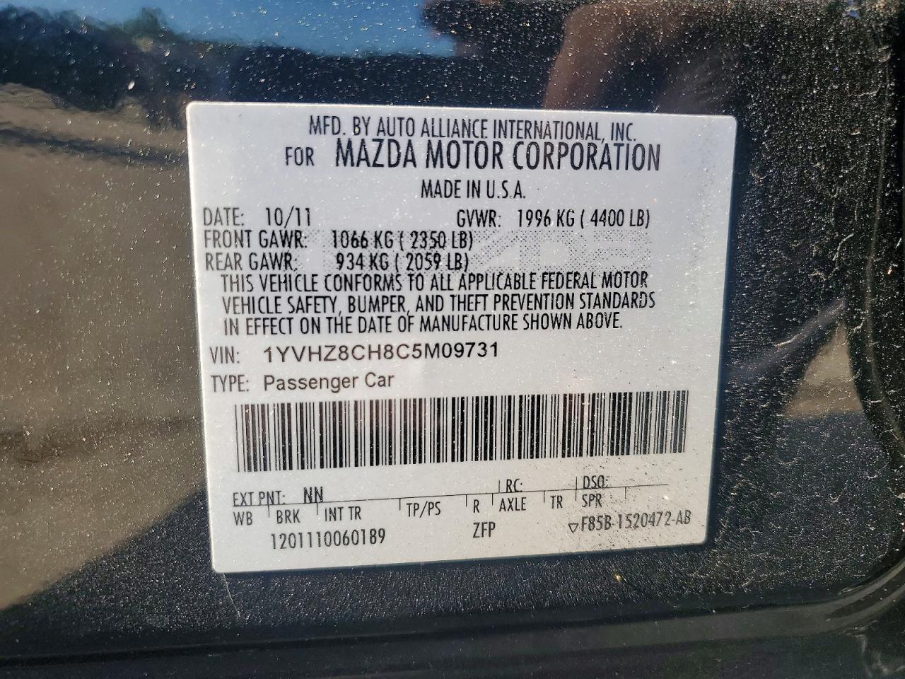 2012 Mazda 6 I Black vin: 1YVHZ8CH8C5M09731