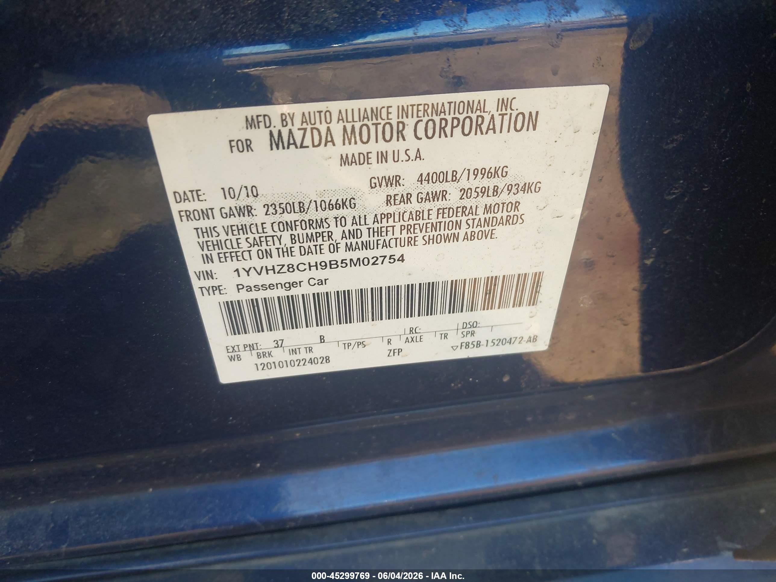 2011 Mazda Mazda6 I Touring Blue vin: 1YVHZ8CH9B5M02754