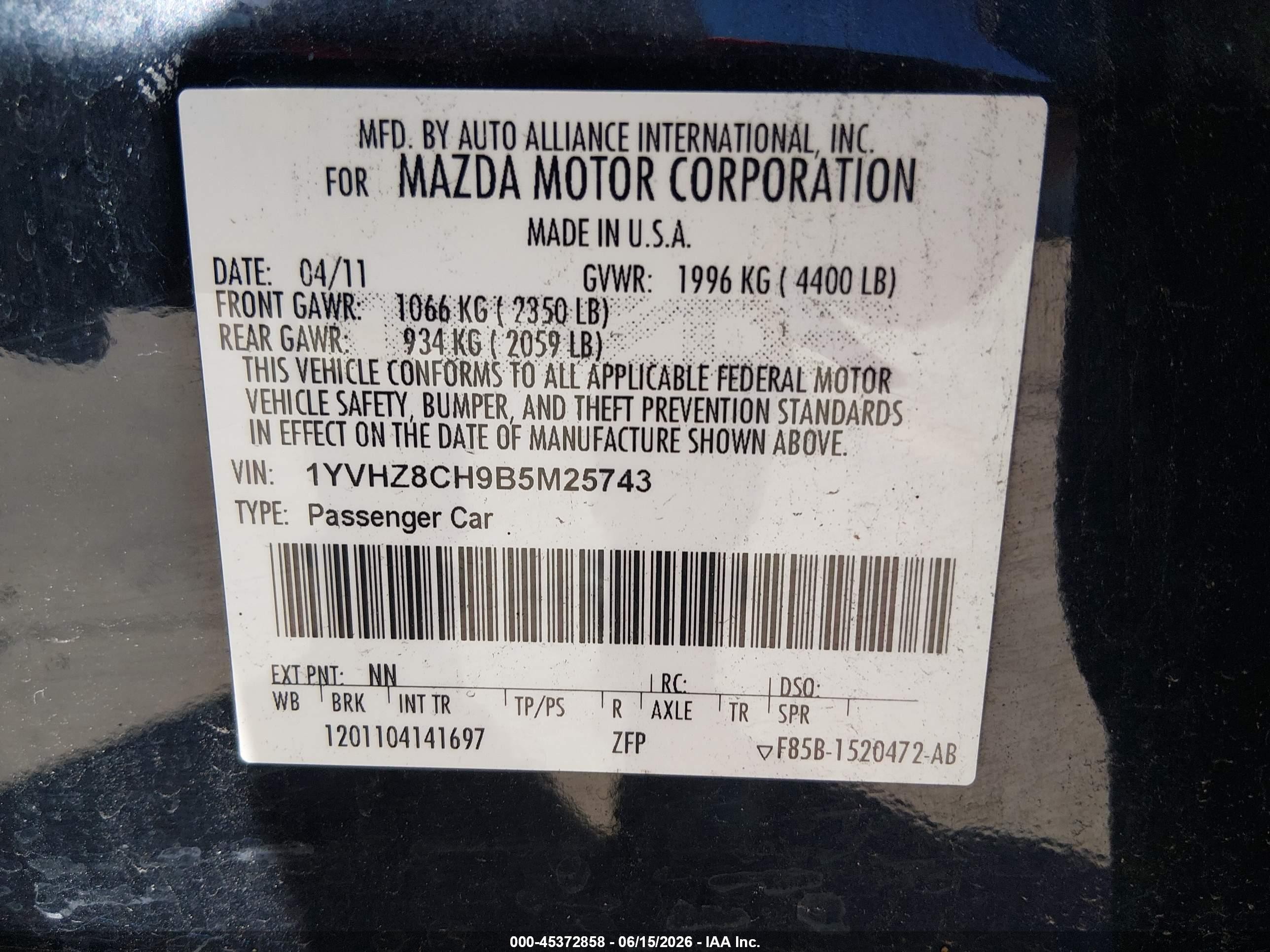 2011 Mazda Mazda6 I Touring Black vin: 1YVHZ8CH9B5M25743