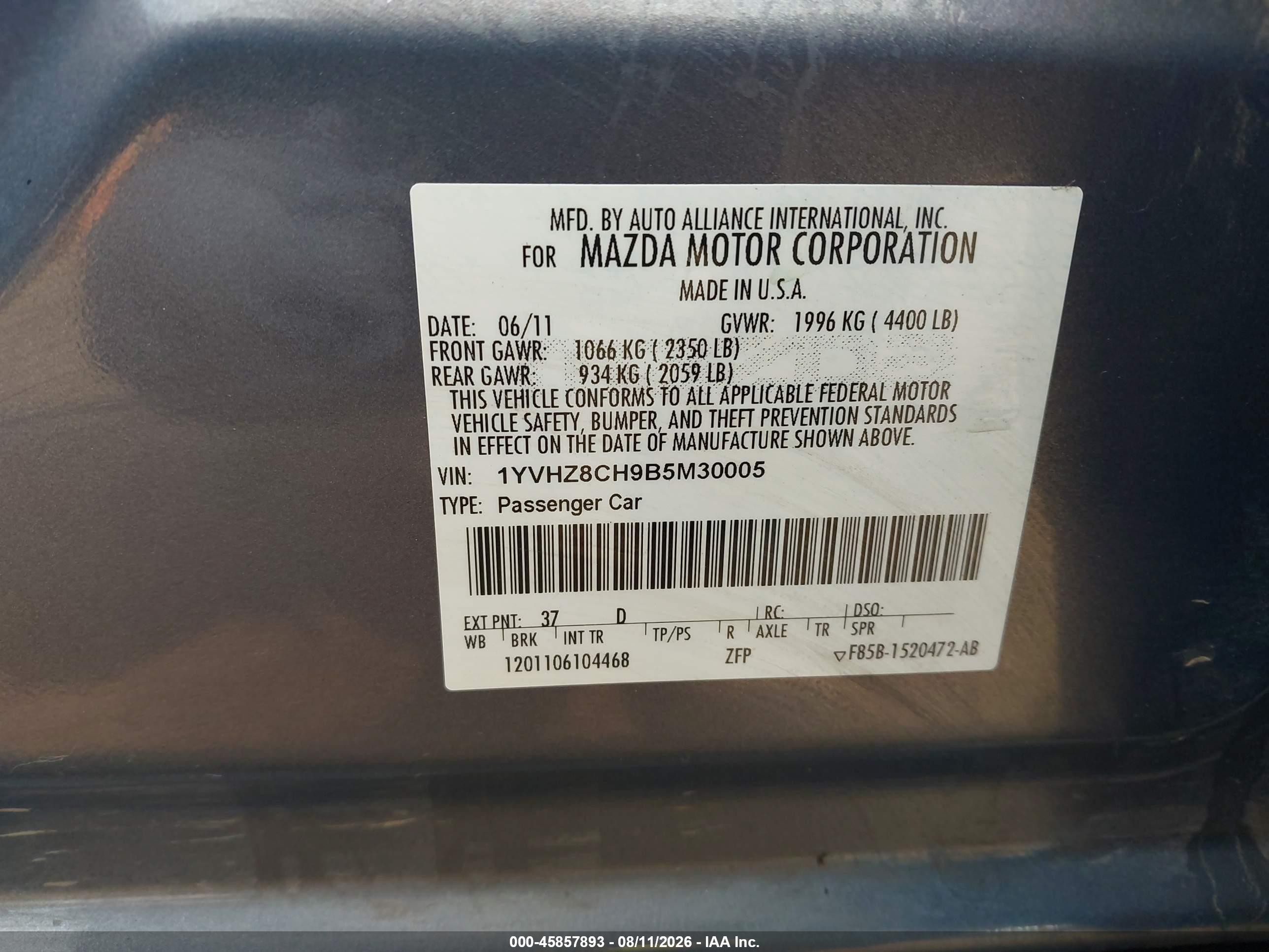 2011 Mazda Mazda6 I Touring Plus Blue vin: 1YVHZ8CH9B5M30005