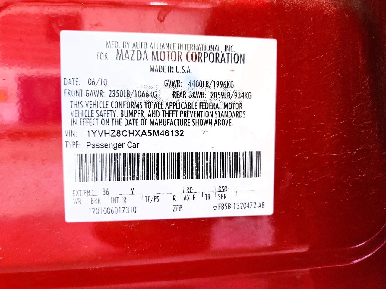 2010 Mazda 6 I Red vin: 1YVHZ8CHXA5M46132