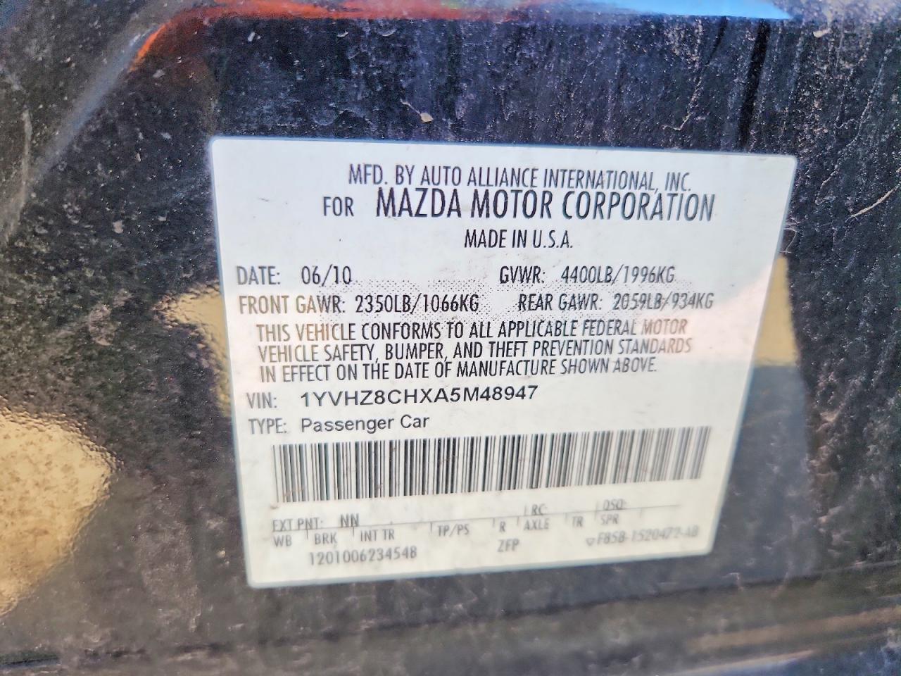 2010 Mazda 6 I Black vin: 1YVHZ8CHXA5M48947