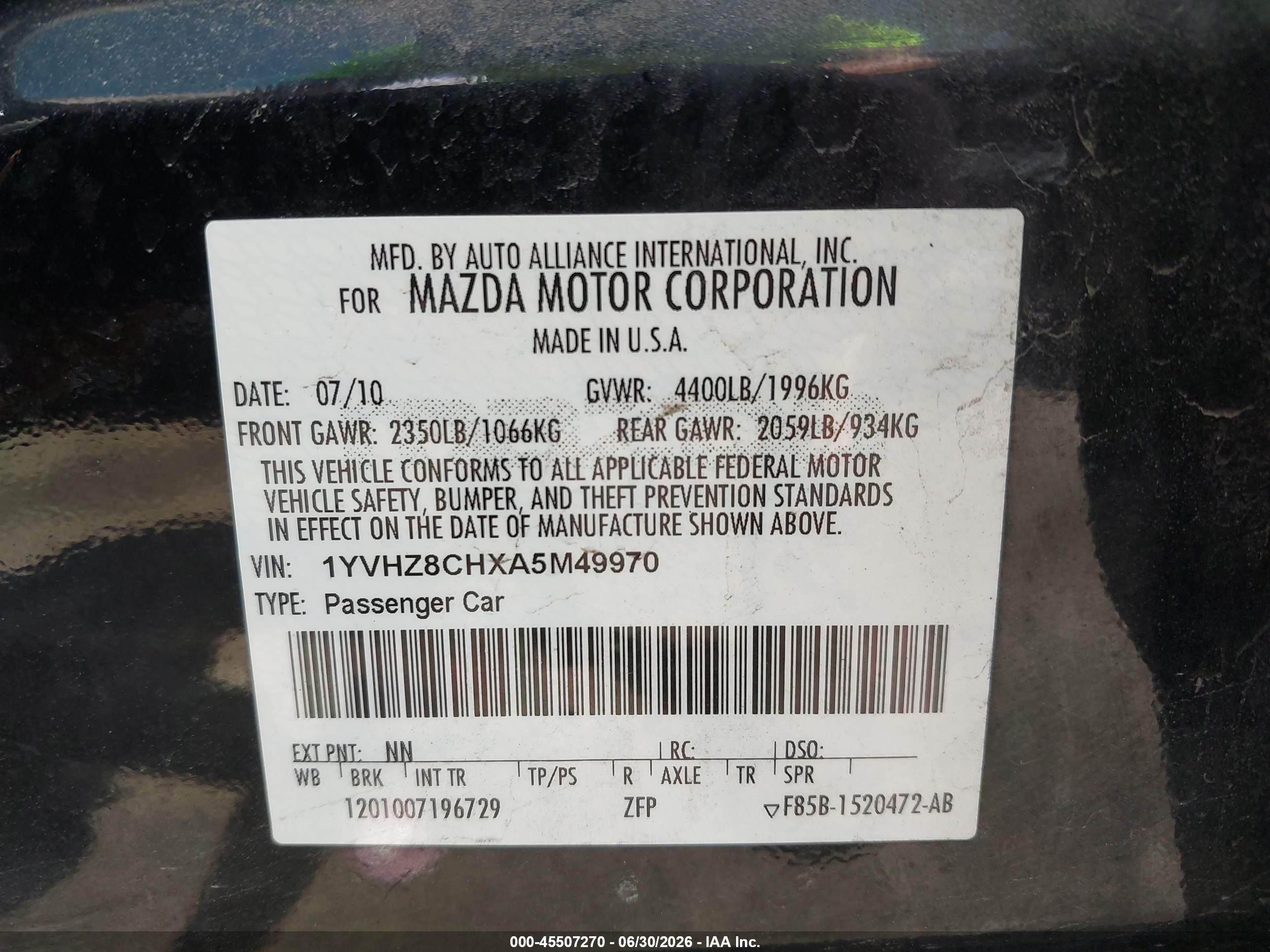 2010 Mazda Mazda6 I Touring Black vin: 1YVHZ8CHXA5M49970