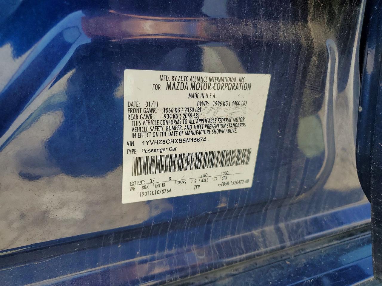 2011 Mazda 6 I Blue vin: 1YVHZ8CHXB5M15674