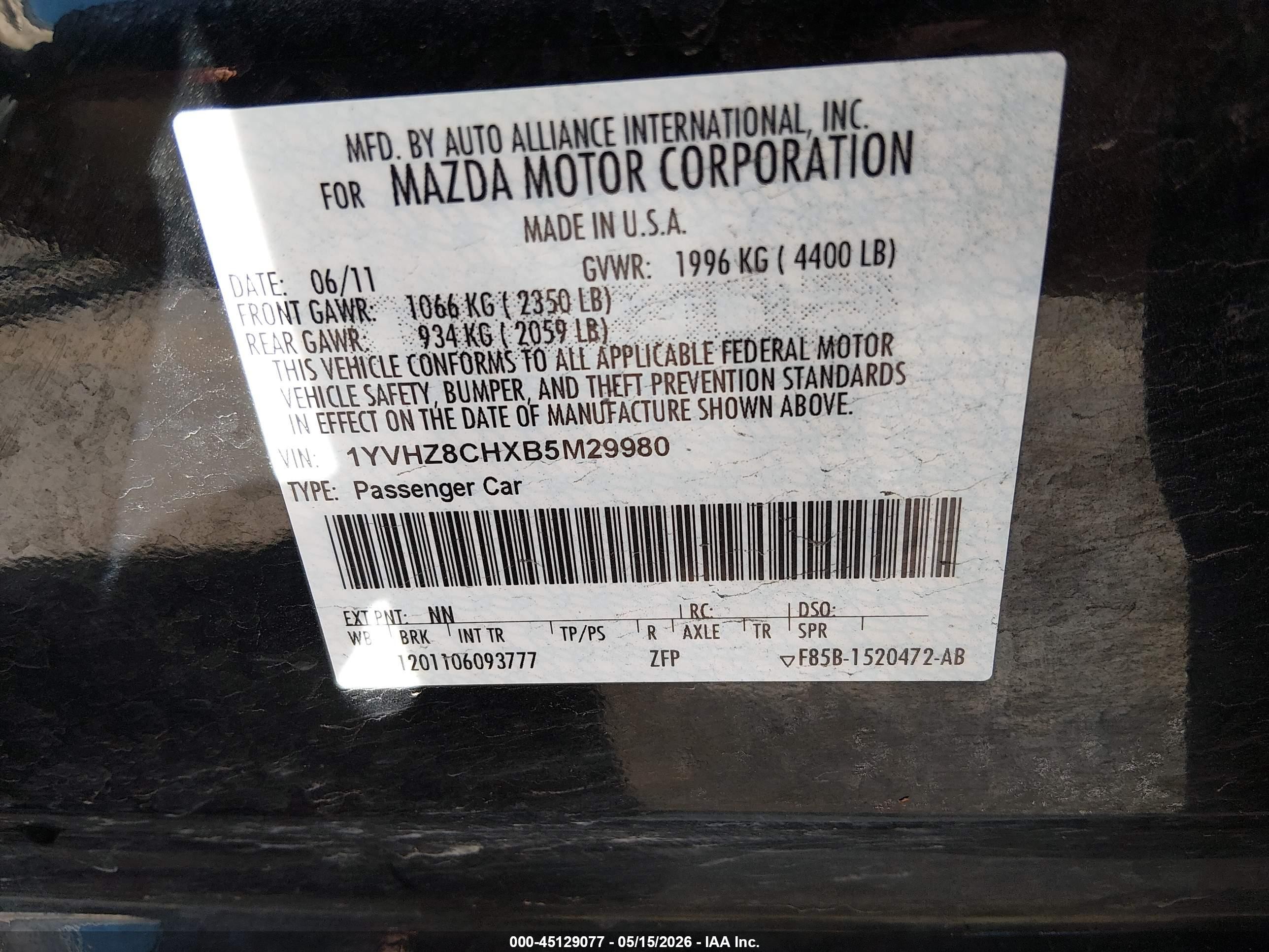 2011 Mazda Mazda6 I Touring Plus Black vin: 1YVHZ8CHXB5M29980