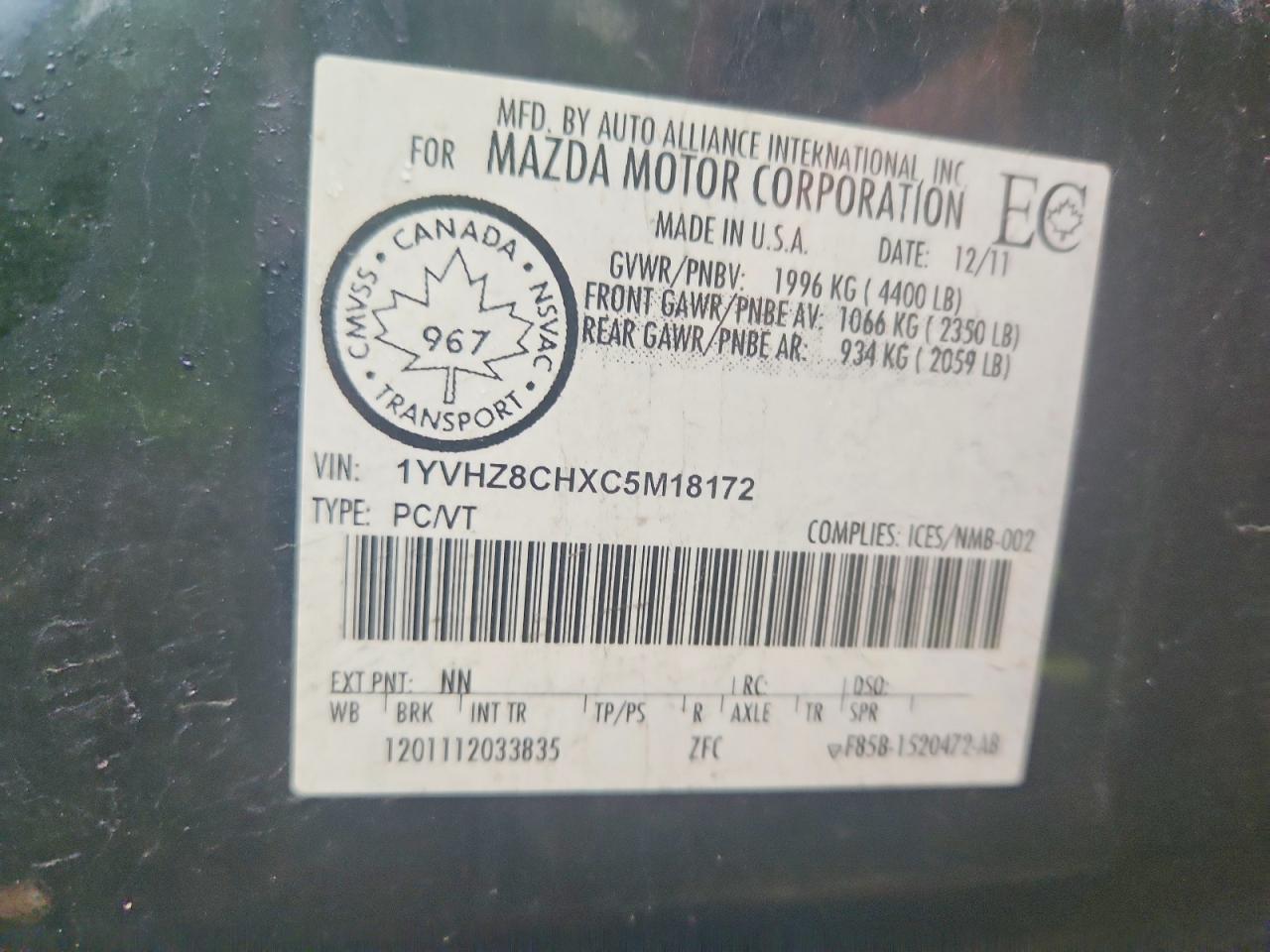 2012 Mazda 6 I Black vin: 1YVHZ8CHXC5M18172