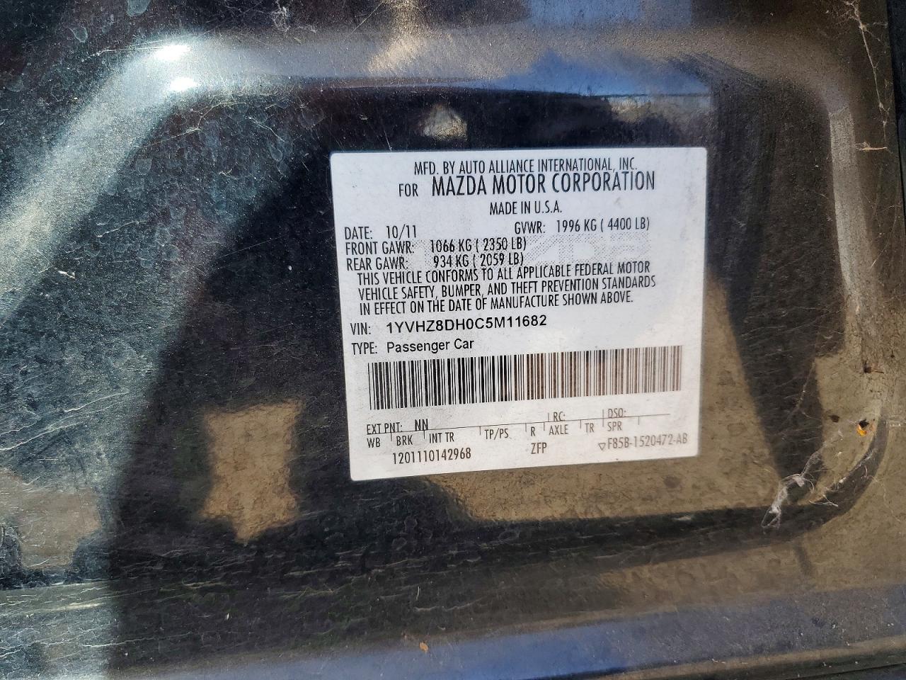 2012 Mazda 6 I Black vin: 1YVHZ8DH0C5M11682