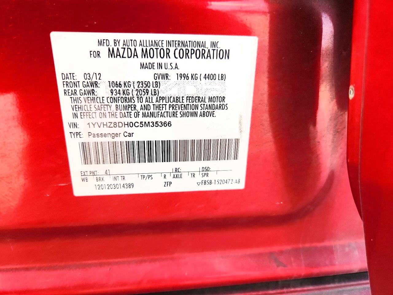 2012 Mazda 6 I Red vin: 1YVHZ8DH0C5M35366