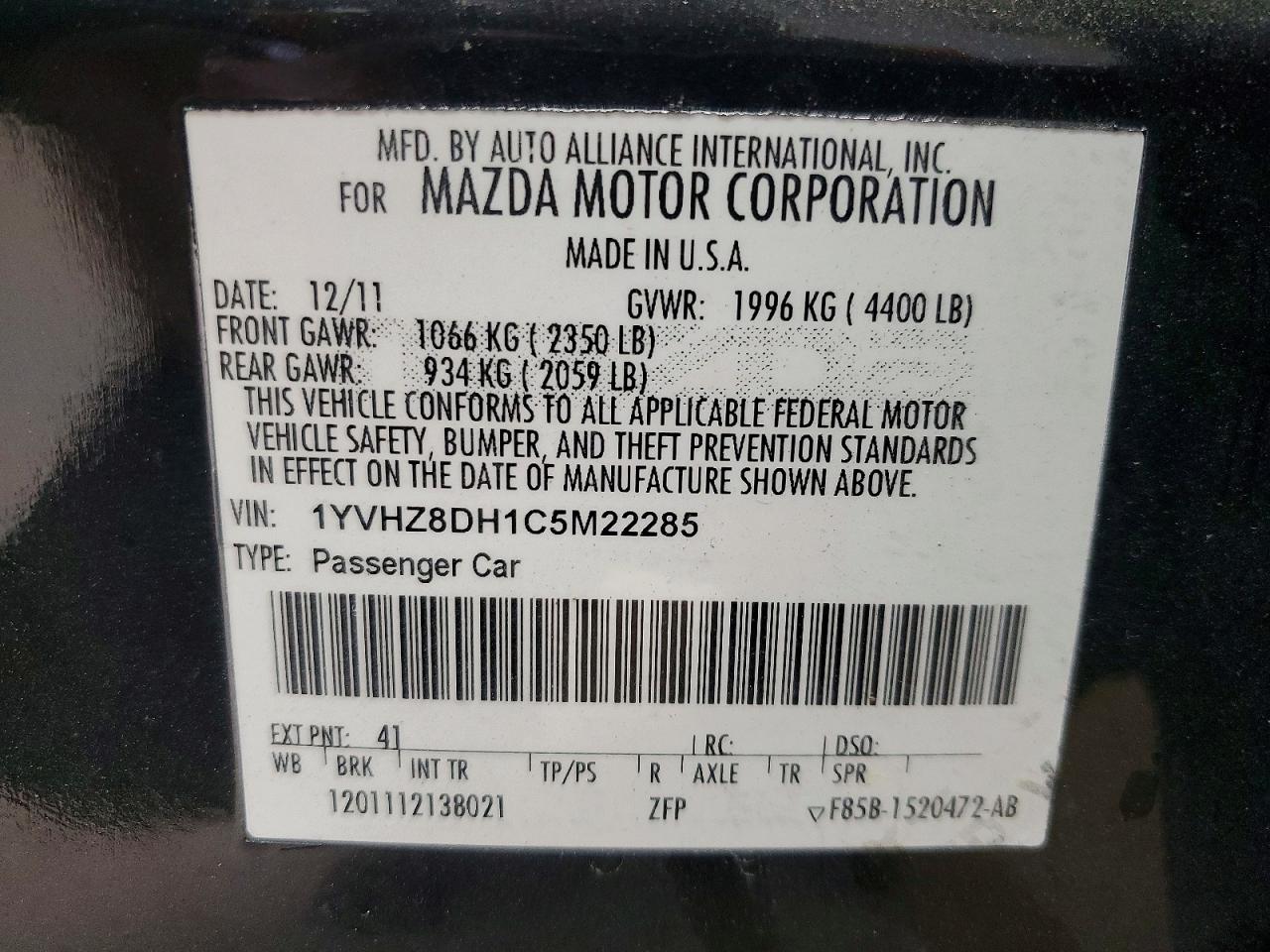2012 Mazda 6 I Charcoal vin: 1YVHZ8DH1C5M22285