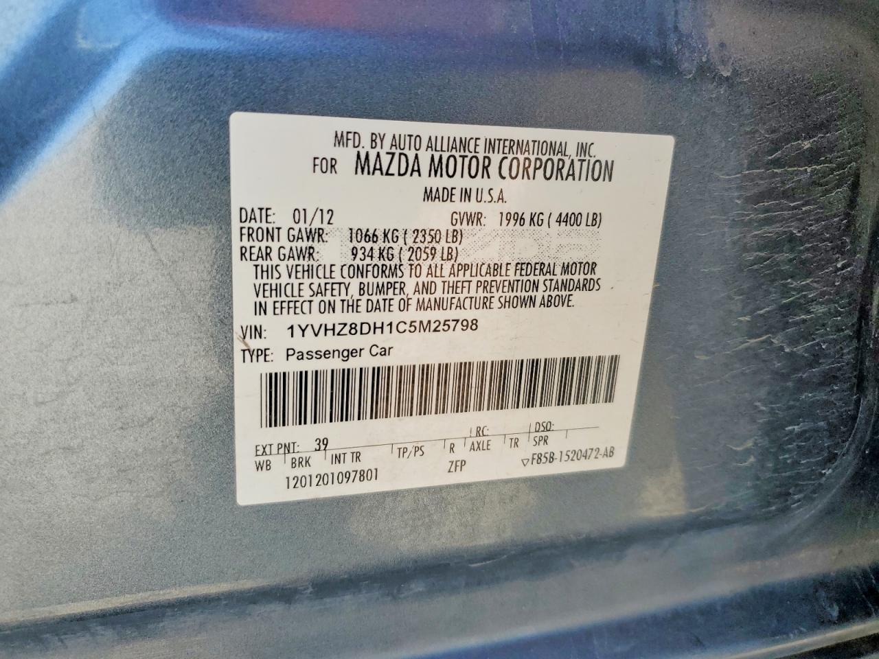 2012 Mazda 6 I Blue vin: 1YVHZ8DH1C5M25798
