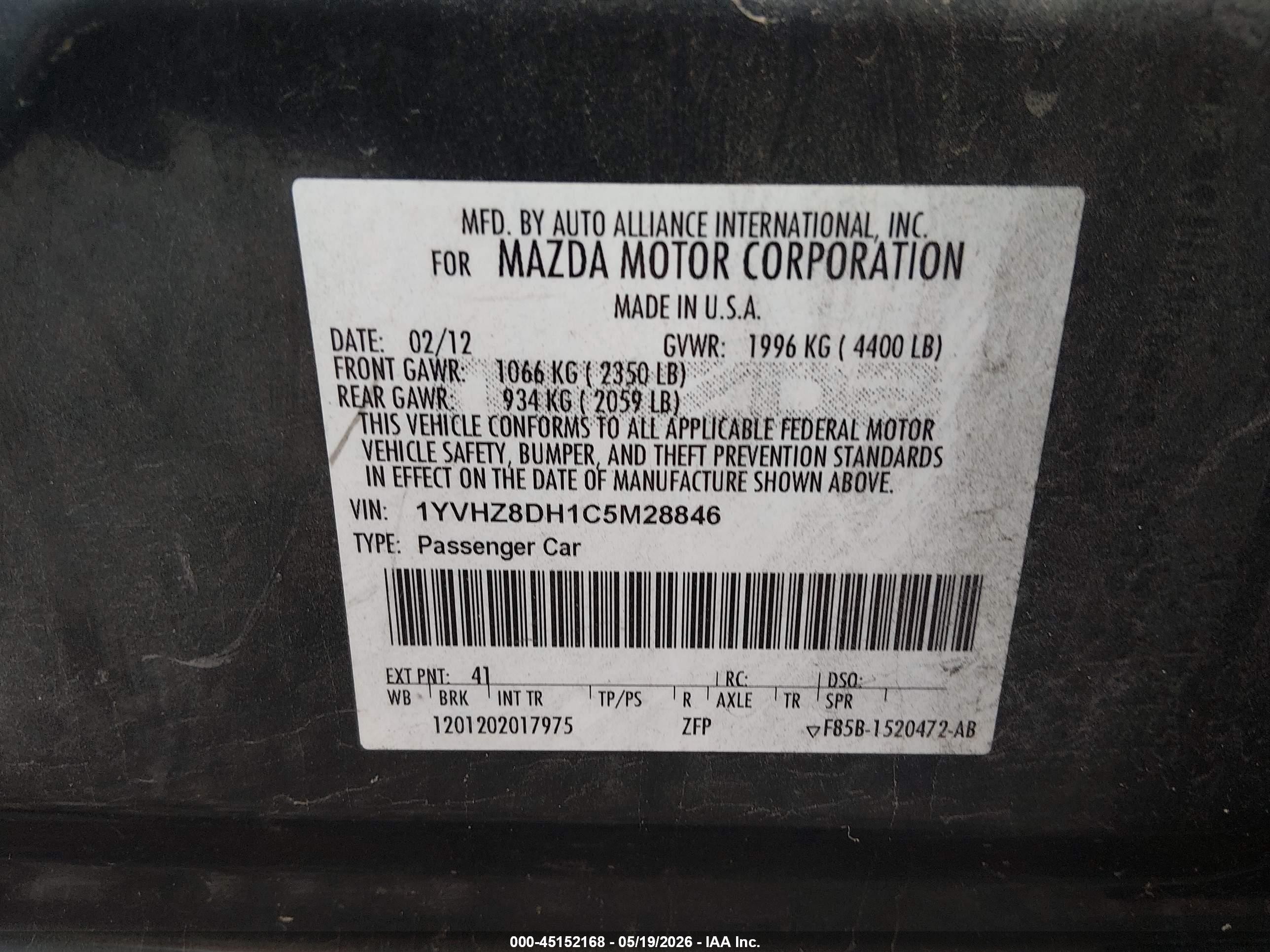 2012 Mazda Mazda6 I Touring Black vin: 1YVHZ8DH1C5M28846