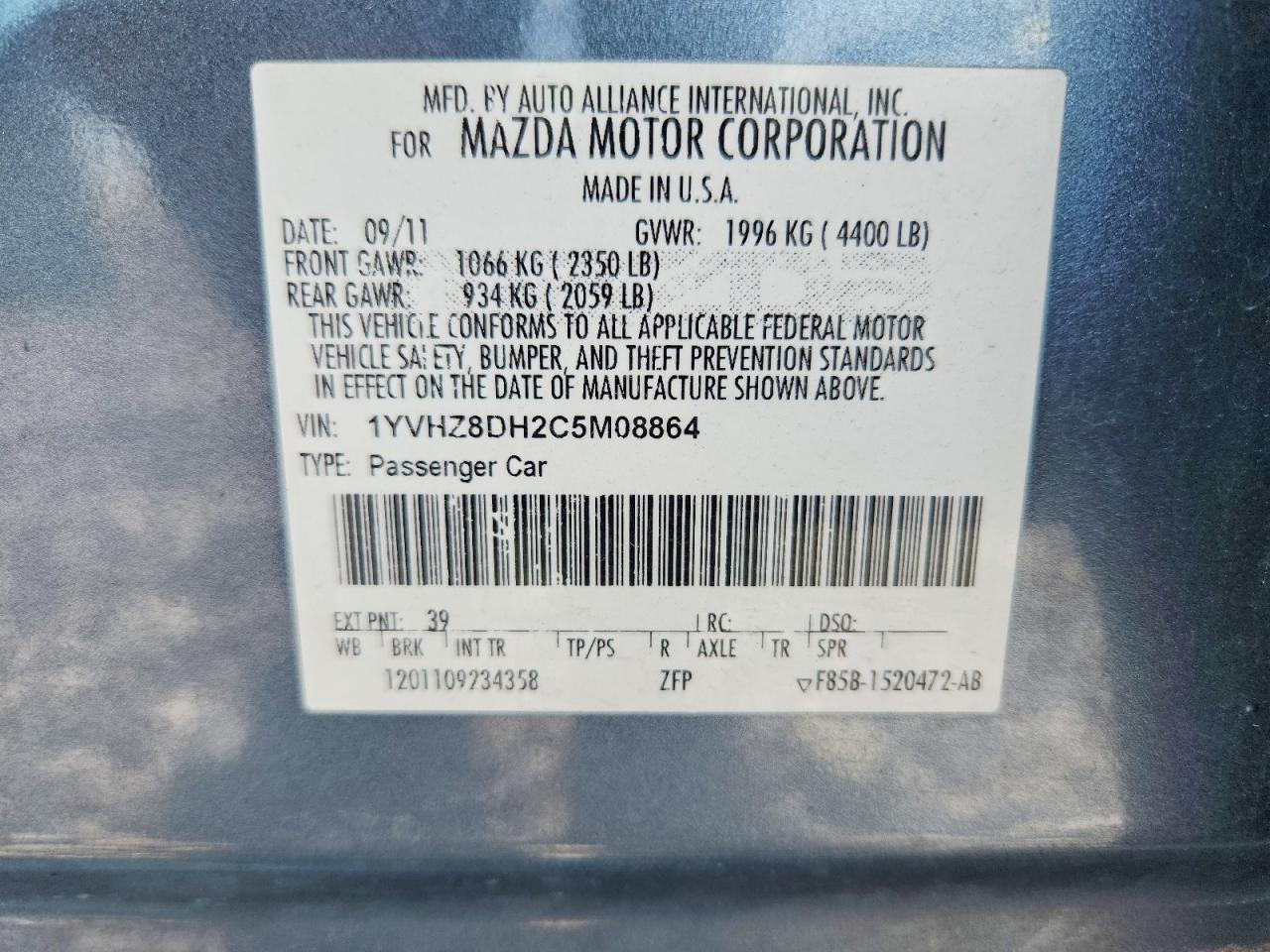 2012 Mazda 6 I Blue vin: 1YVHZ8DH2C5M08864