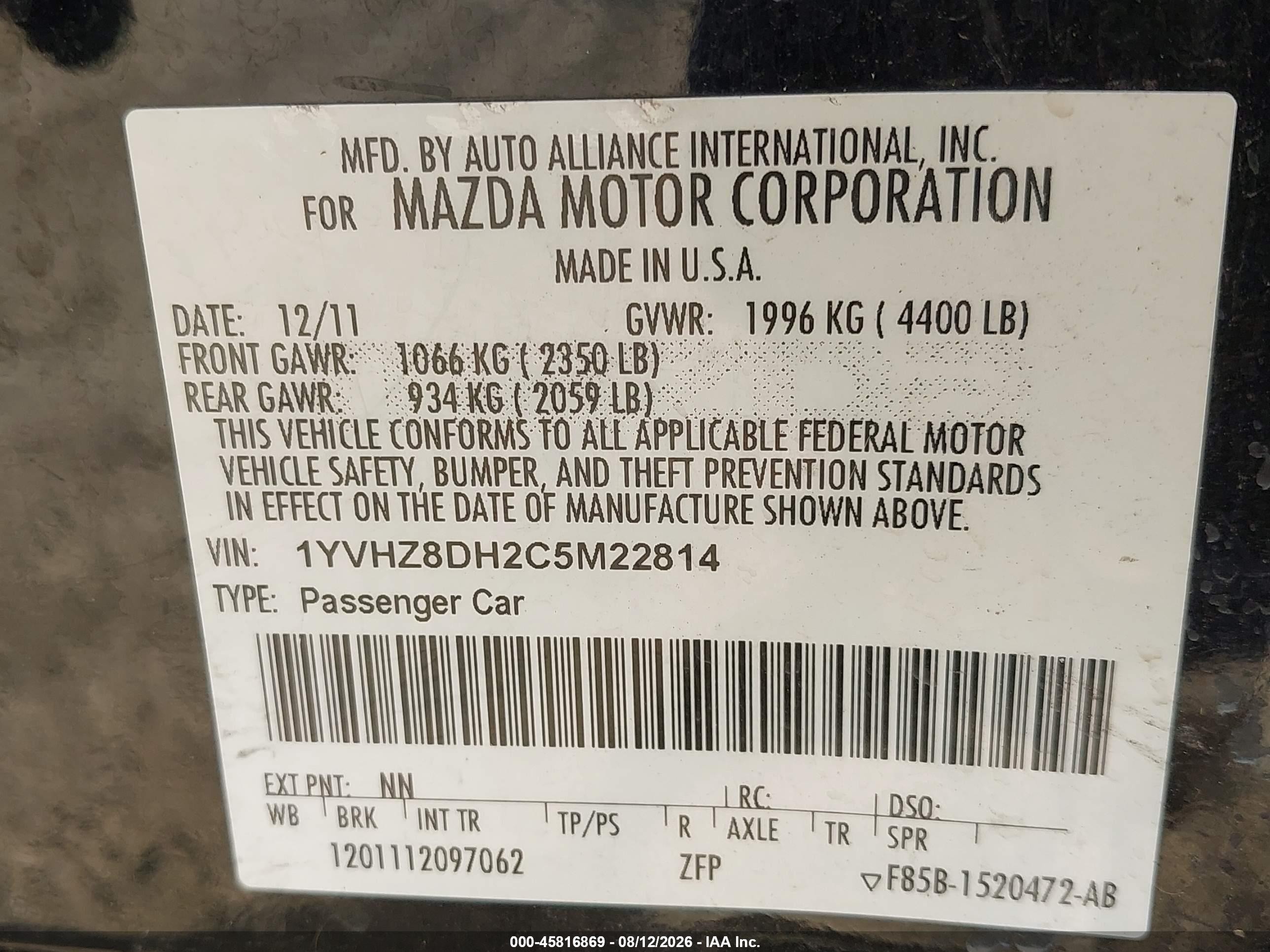 2012 Mazda Mazda6 I Touring Black vin: 1YVHZ8DH2C5M22814