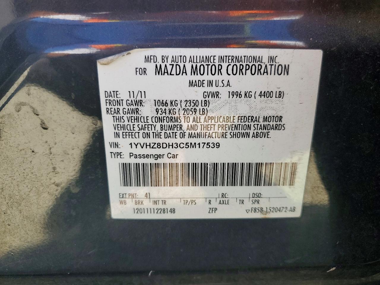 2012 Mazda 6 I Черный vin: 1YVHZ8DH3C5M17539