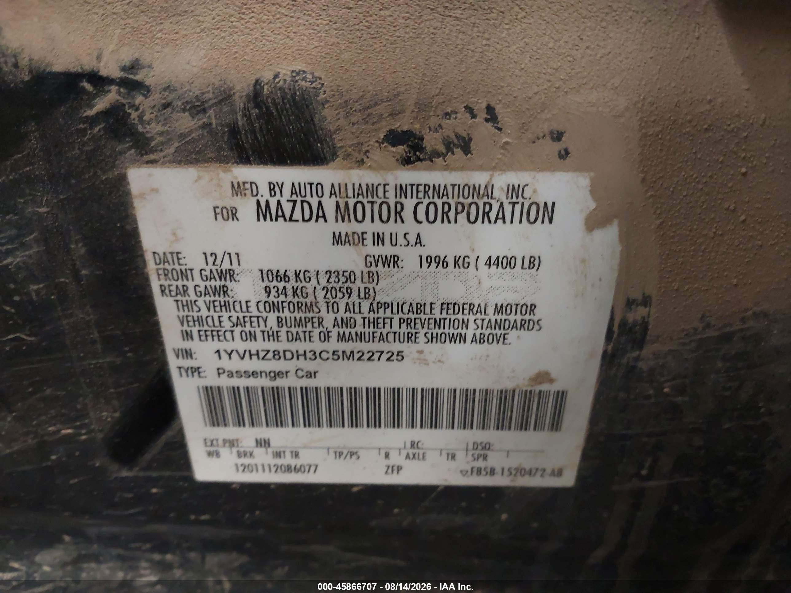 2012 Mazda Mazda6 I Touring Black vin: 1YVHZ8DH3C5M22725