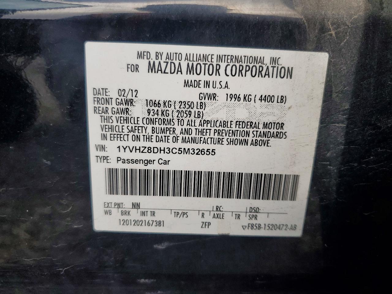 2012 Mazda 6 I Black vin: 1YVHZ8DH3C5M32655