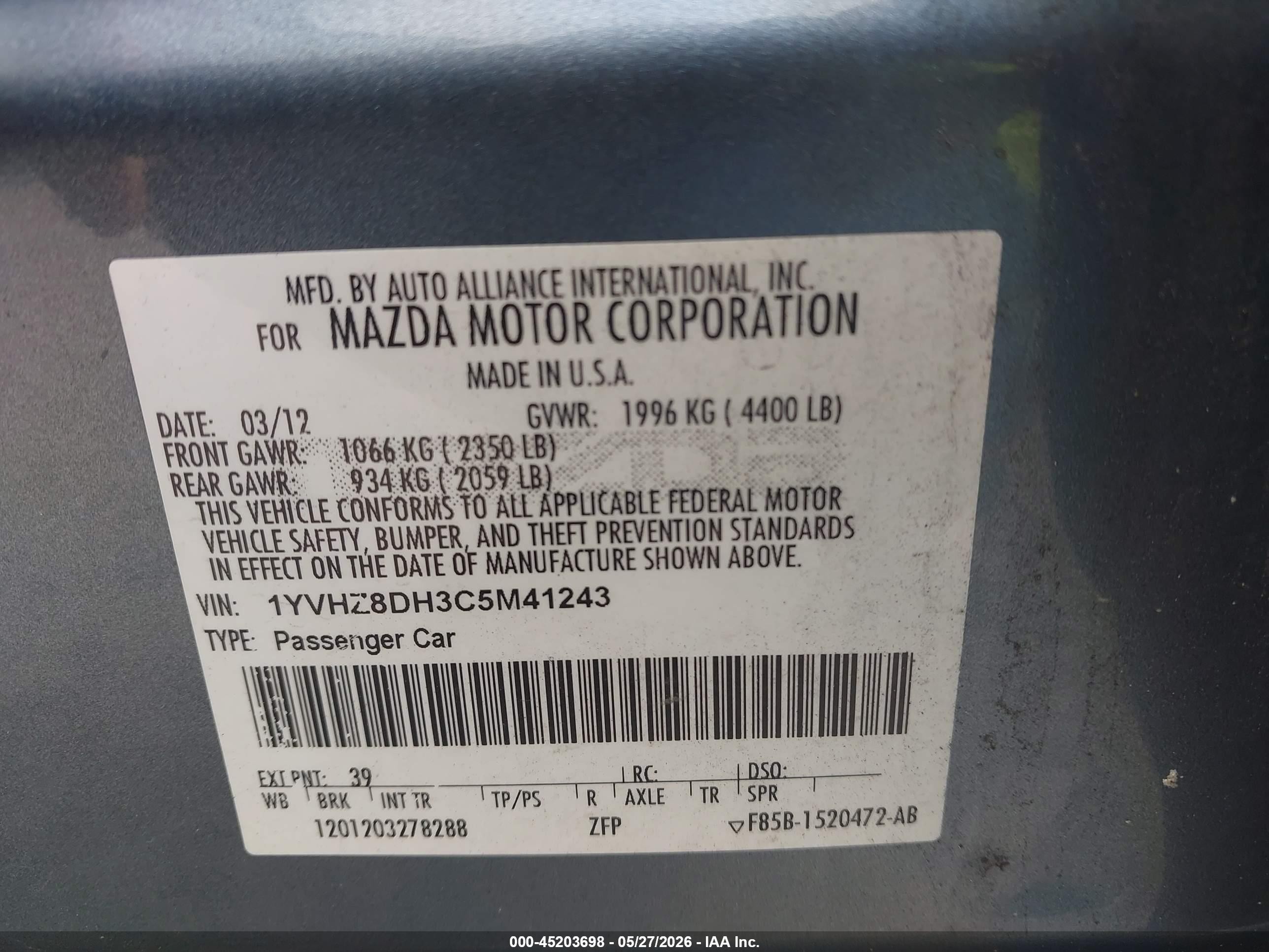 2012 Mazda Mazda6 I Touring Blue vin: 1YVHZ8DH3C5M41243