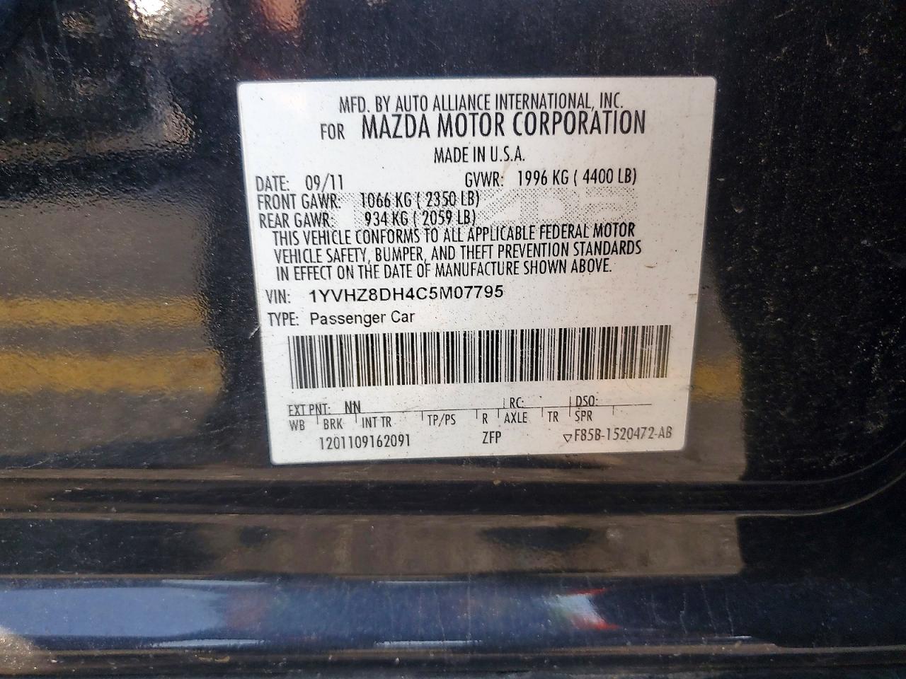 2012 Mazda 6 I Black vin: 1YVHZ8DH4C5M07795