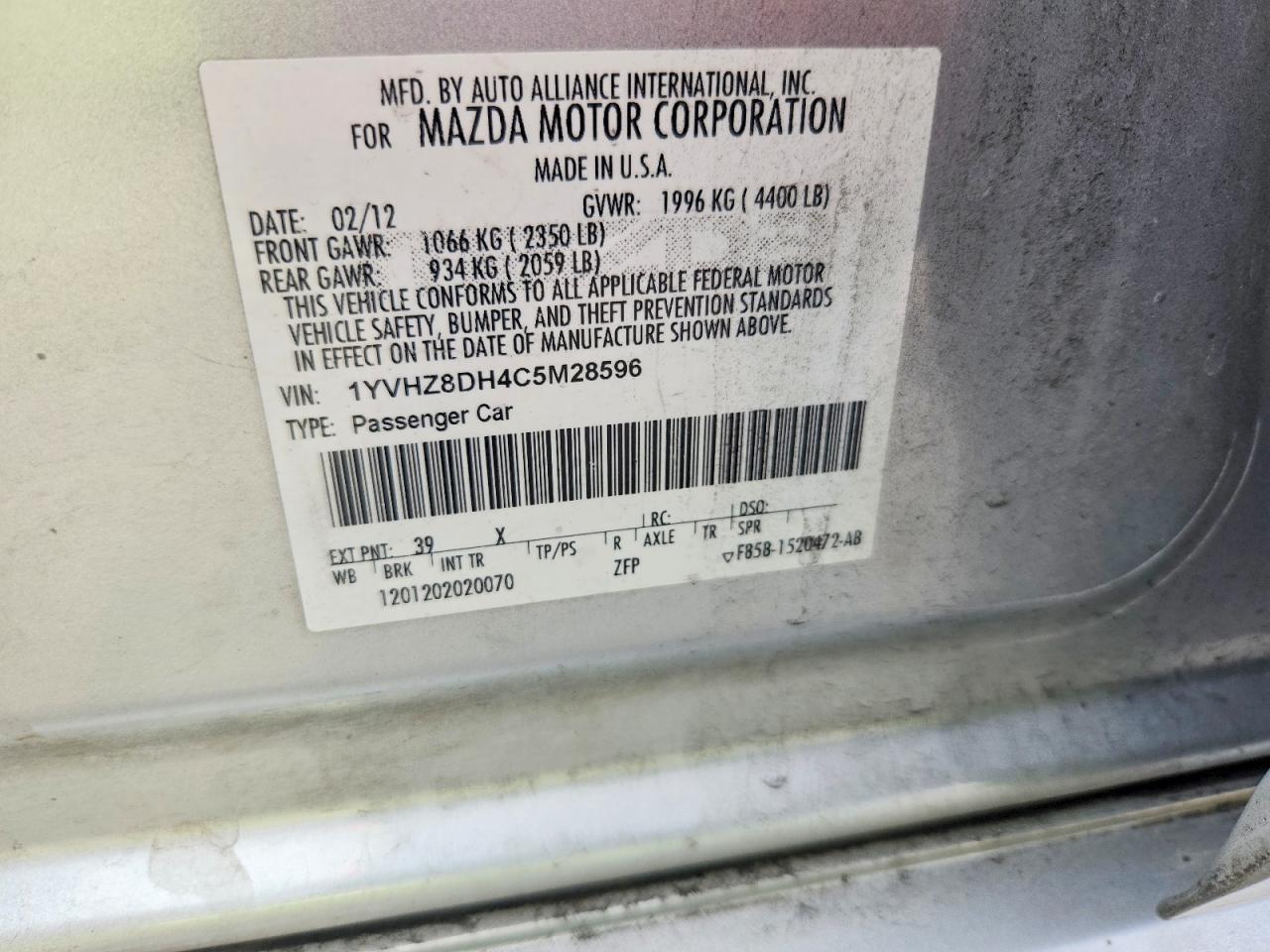 2012 Mazda 6 I Серебряный vin: 1YVHZ8DH4C5M28596
