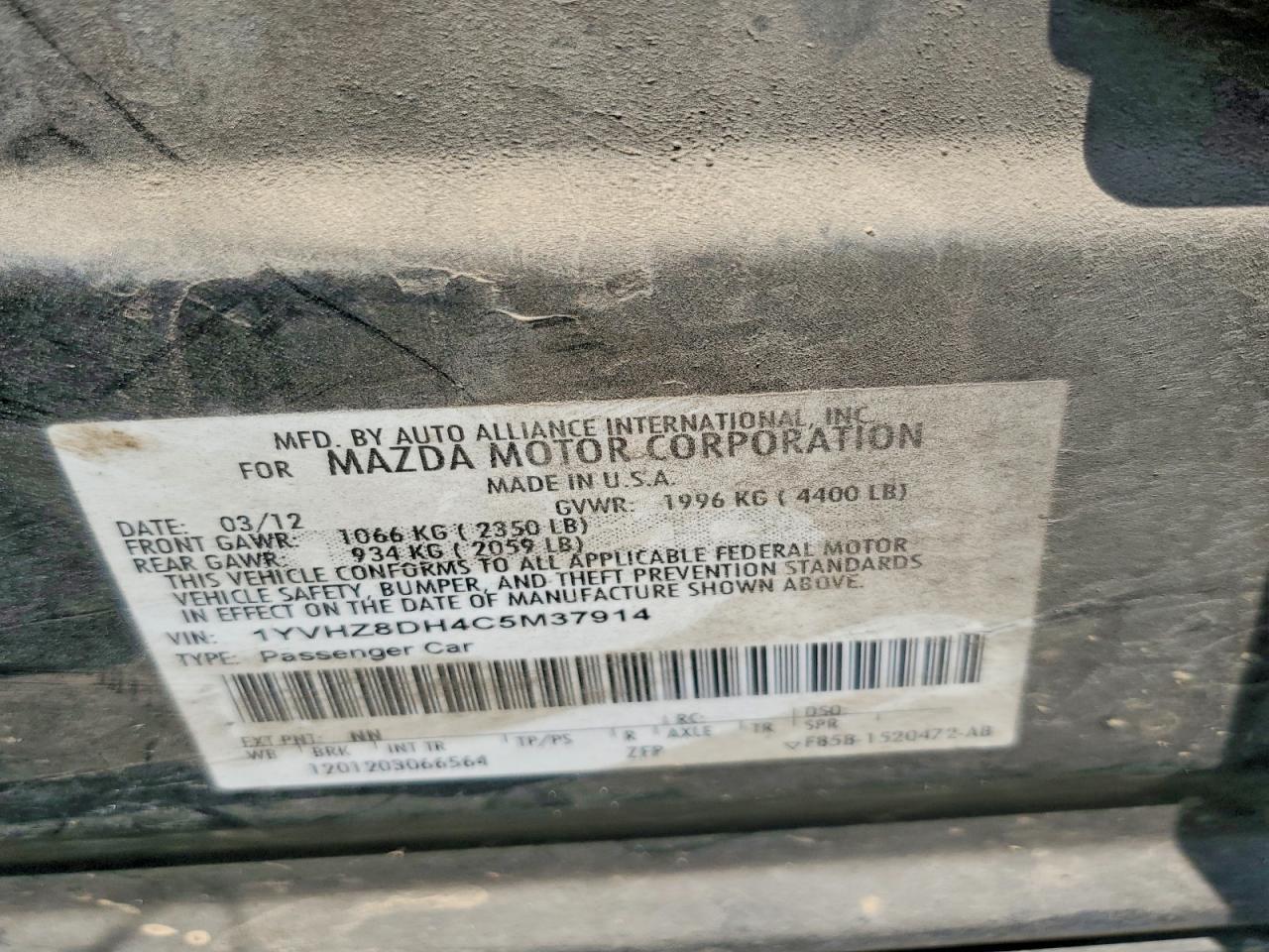 2012 Mazda 6 I Black vin: 1YVHZ8DH4C5M37914